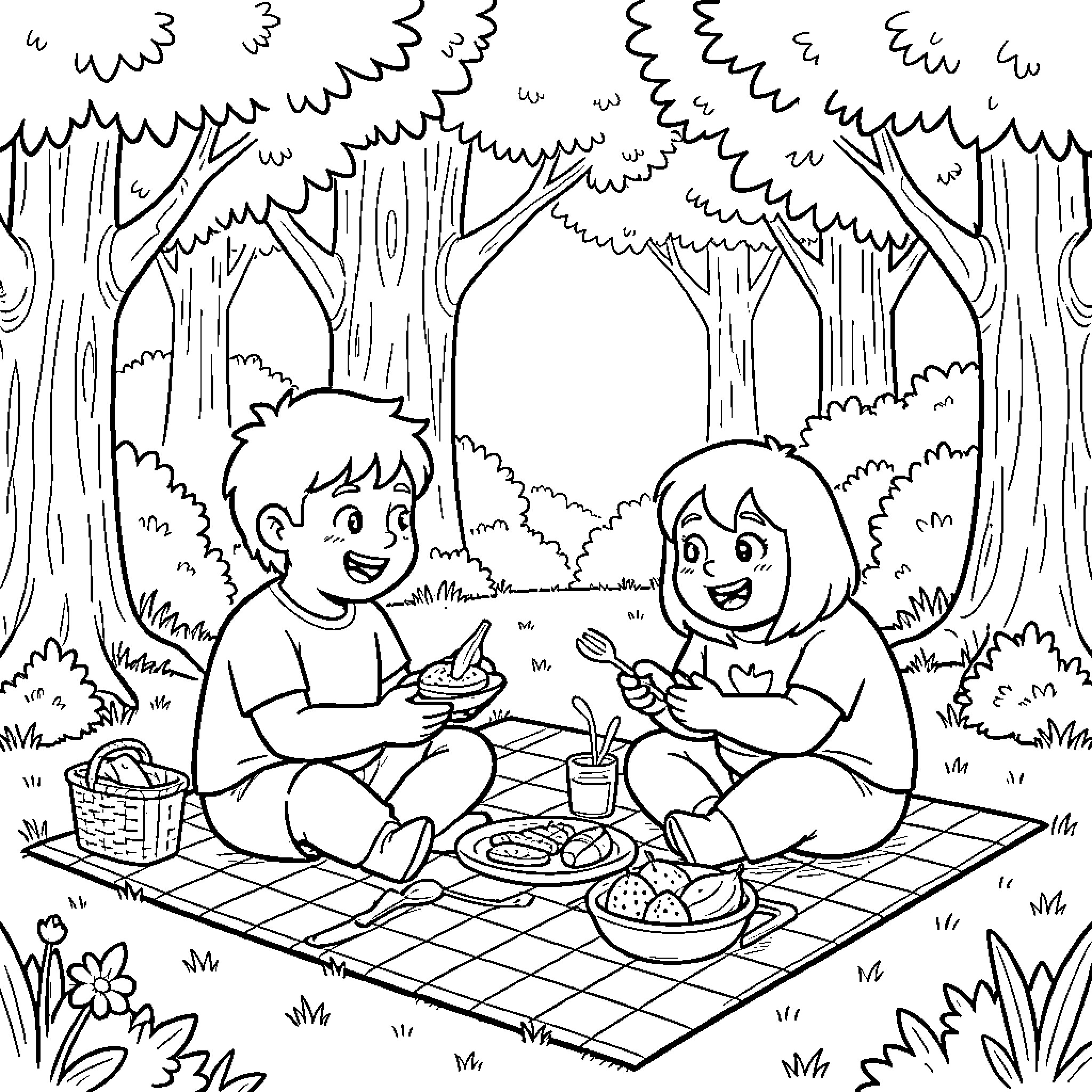 Personnage enjoying a picnic in the woods Coloring Page (free black-and-white line drawing printable PDF for all, from beginners to advanced learners, including children, teens, adults, and seniors)