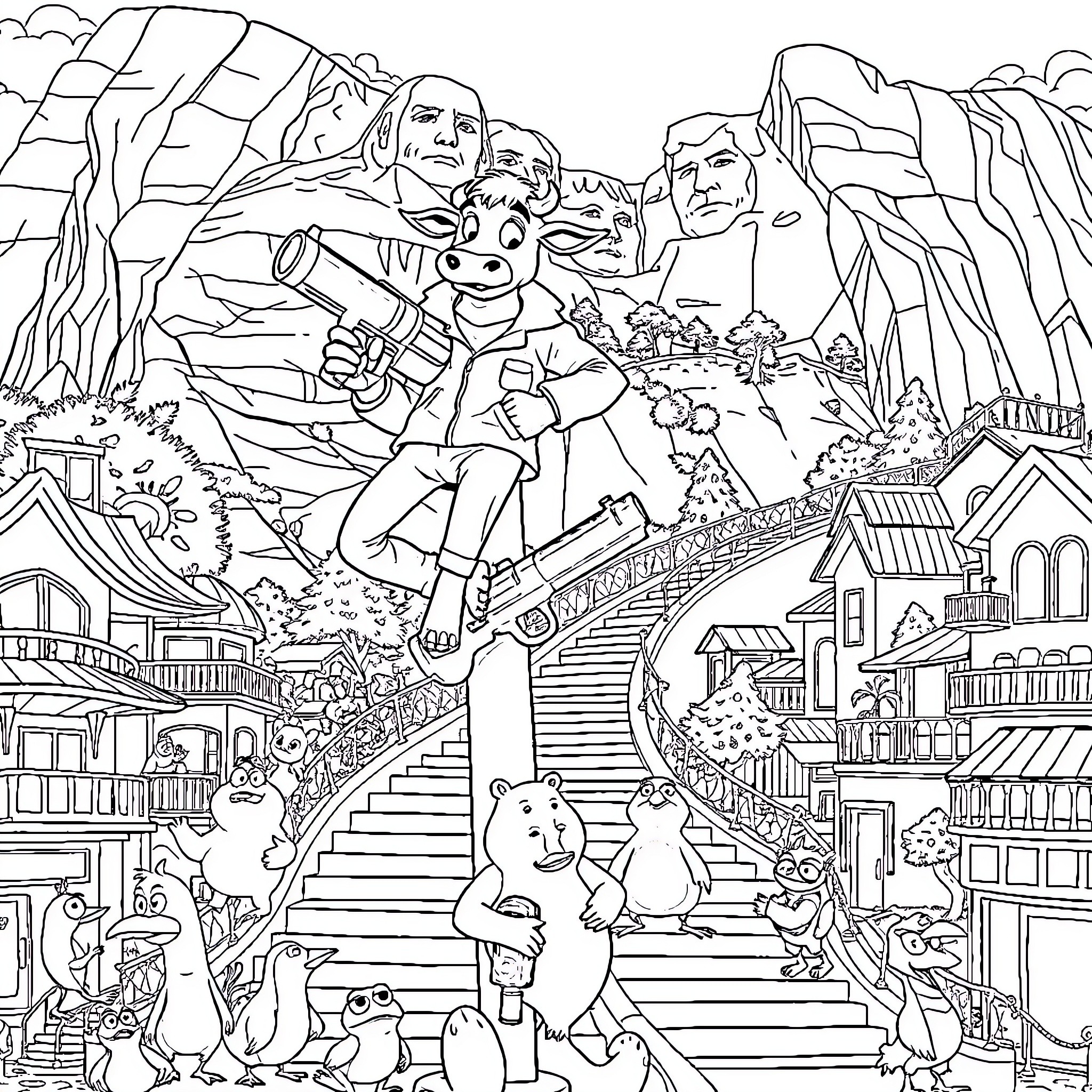 Animal characters on an adventure in the mountains Coloring Page (free black-and-white line drawing printable PDF for all, from beginners to advanced learners, including children, teens, adults, and seniors)