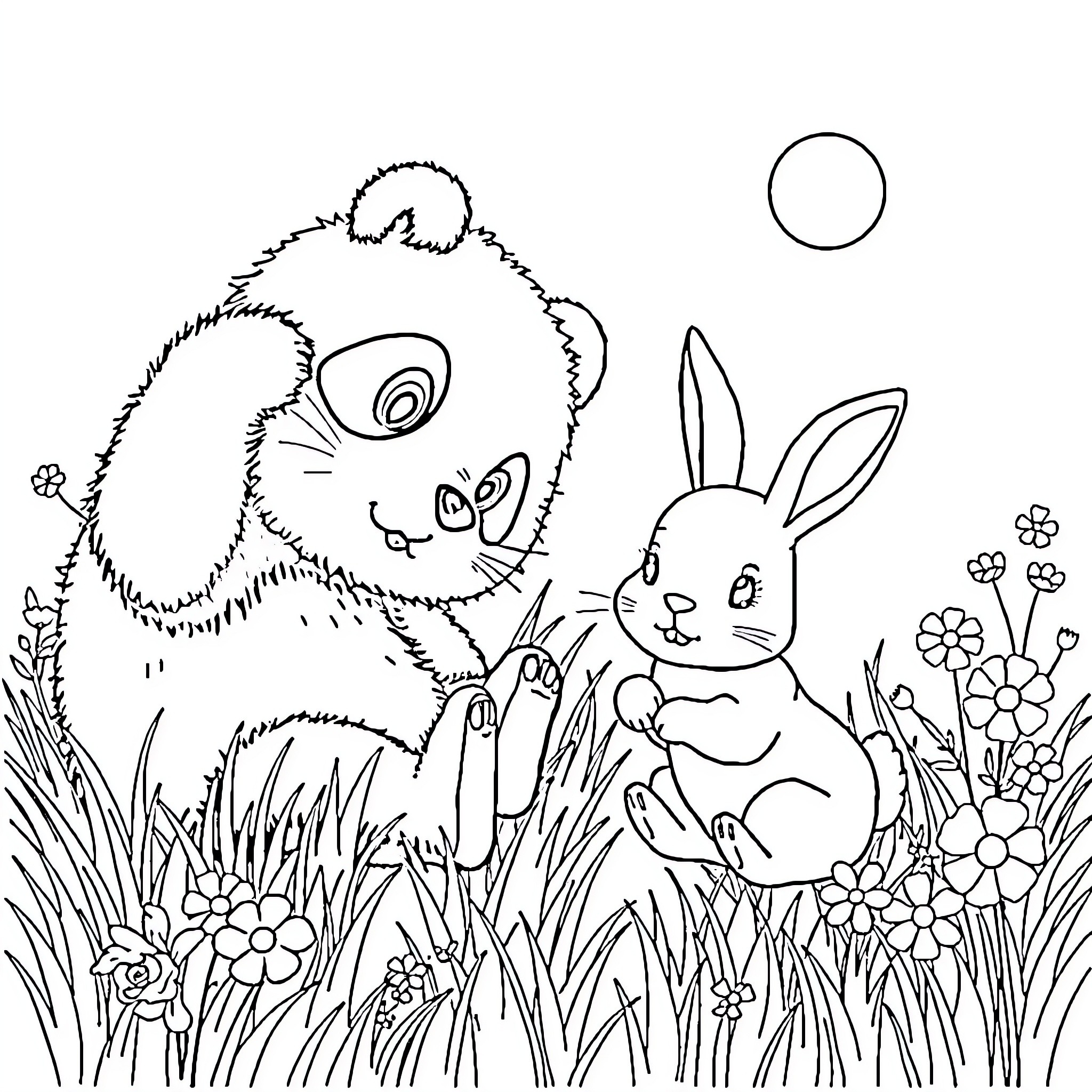 Panda and Rabbit playing in the meadow Coloring Page (free black-and-white line drawing printable PDF for all, from beginners to advanced learners, including children, teens, adults, and seniors)