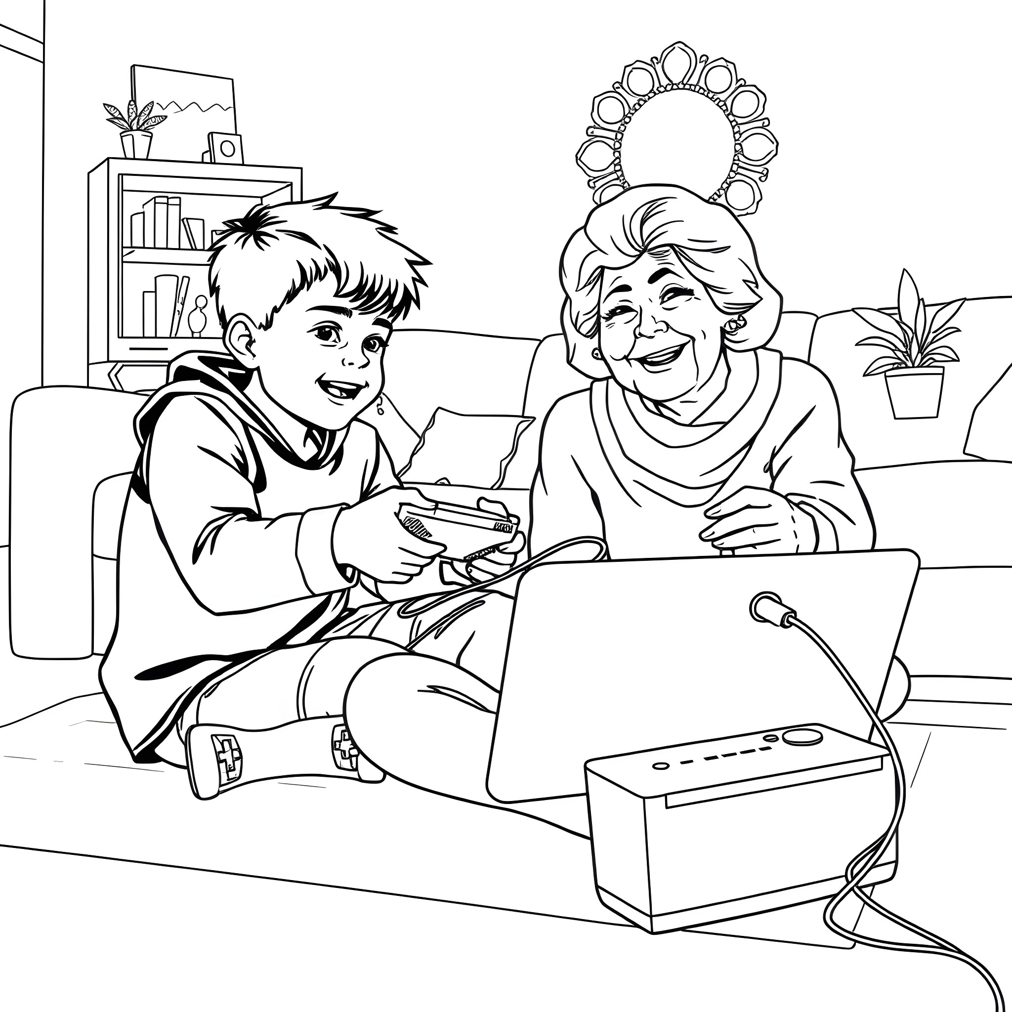 Jaxson's Video Game Adventure with Grandma Coloring Page (free black-and-white line drawing printable PDF for all, from beginners to advanced learners, including children, teens, adults, and seniors)