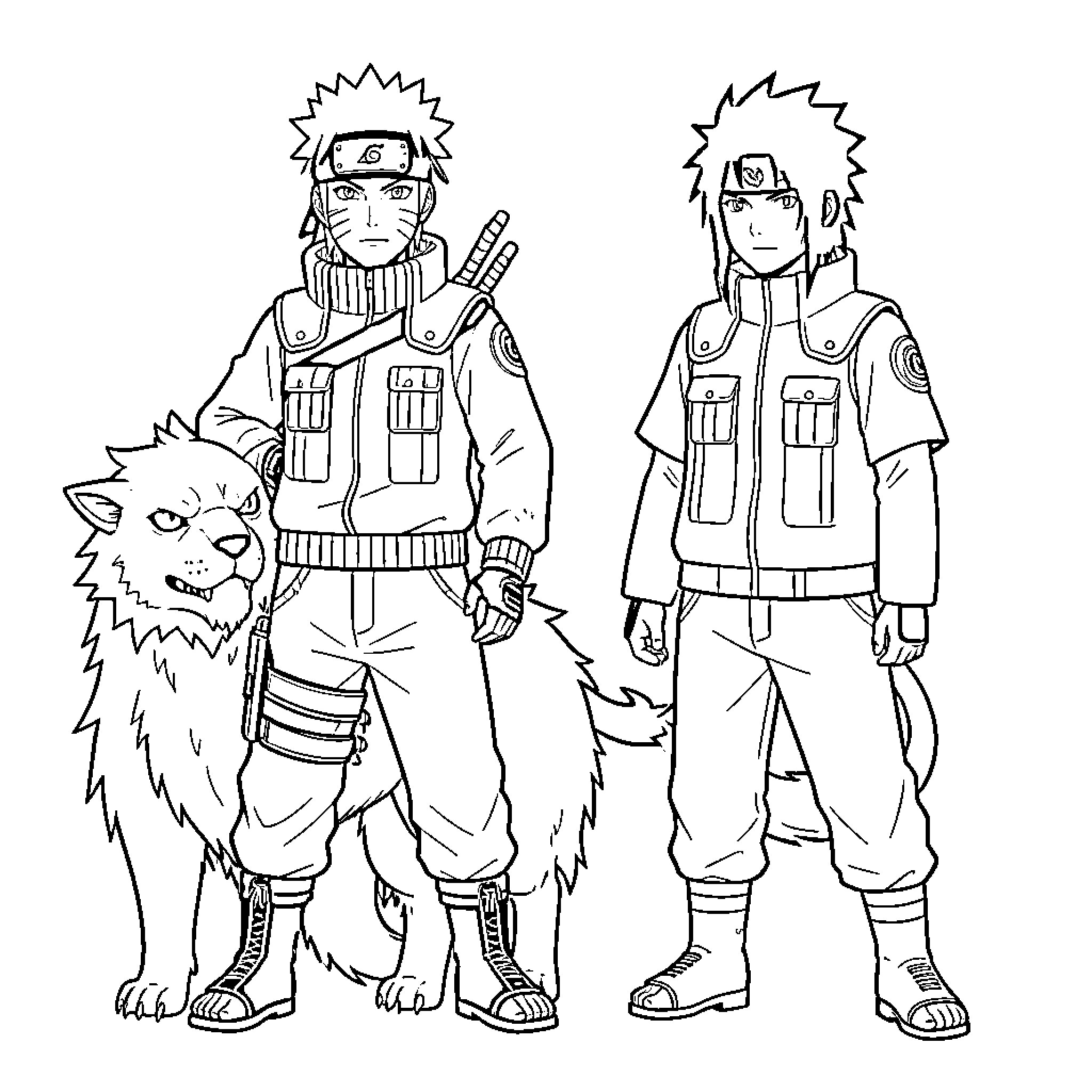 Naruto standing confidently with a large lion Coloring Page (free black-and-white line drawing printable PDF for all, from beginners to advanced learners, including children, teens, adults, and seniors)