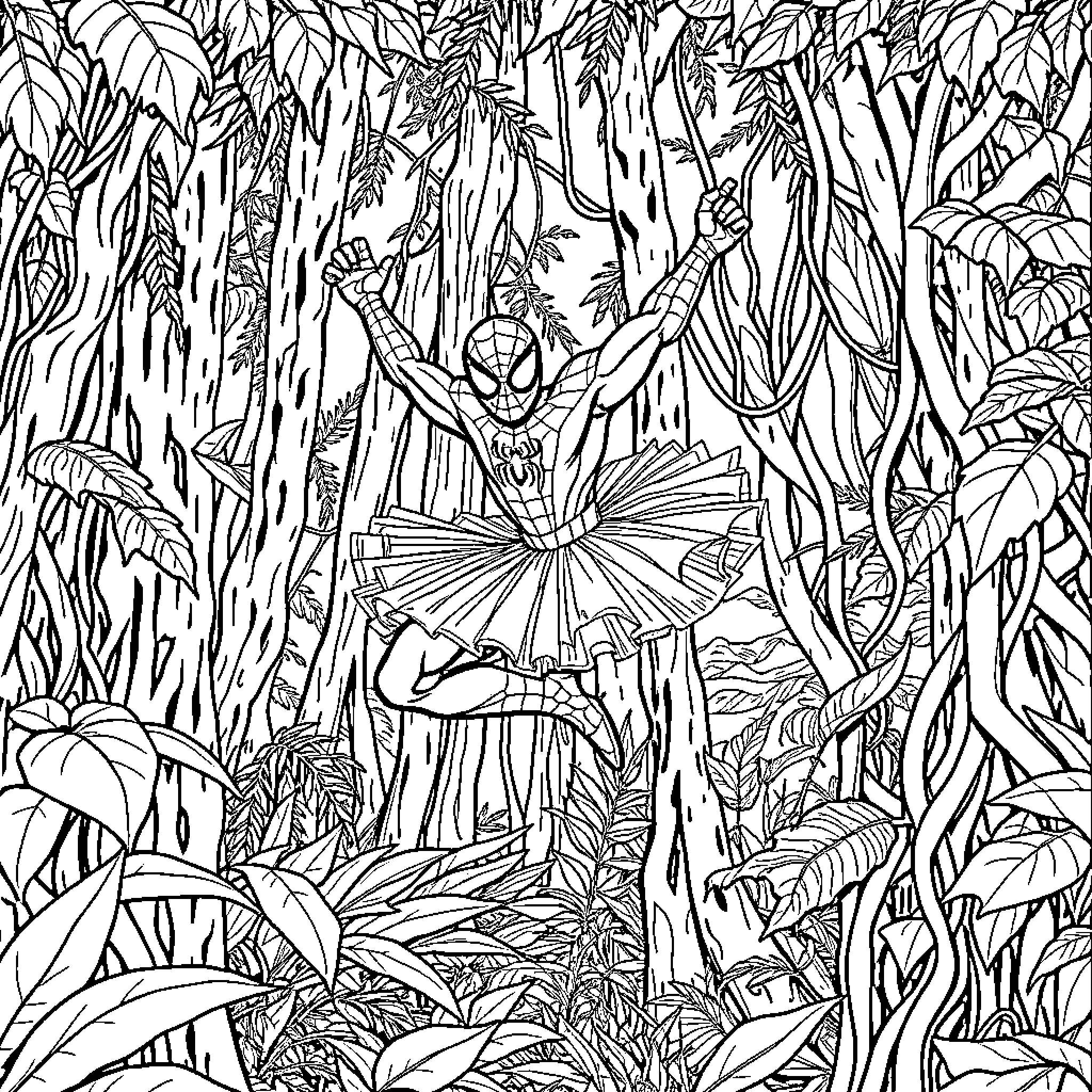 Spiderman dancing in a tutu amidst a lush jungle Coloring Page (free black-and-white line drawing printable PDF for all, from beginners to advanced learners, including children, teens, adults, and seniors)