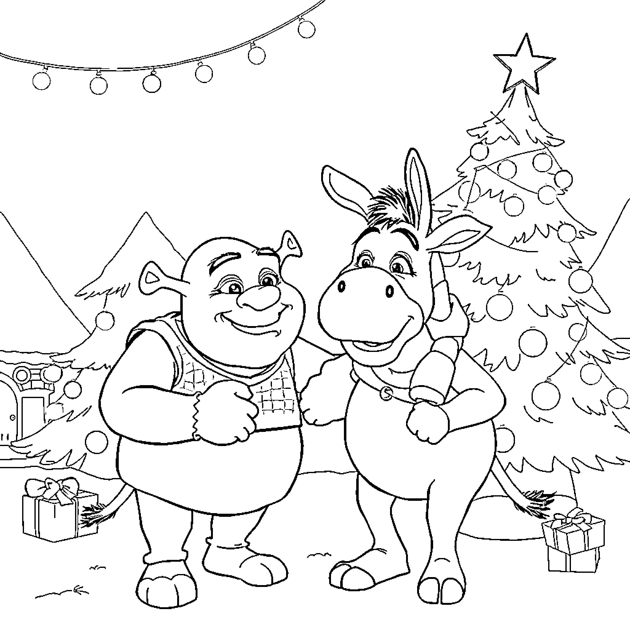 Shrek and Donkey Celebrating Christmas Together Coloring Page (free black-and-white line drawing printable PDF for all, from beginners to advanced learners, including children, teens, adults, and seniors)