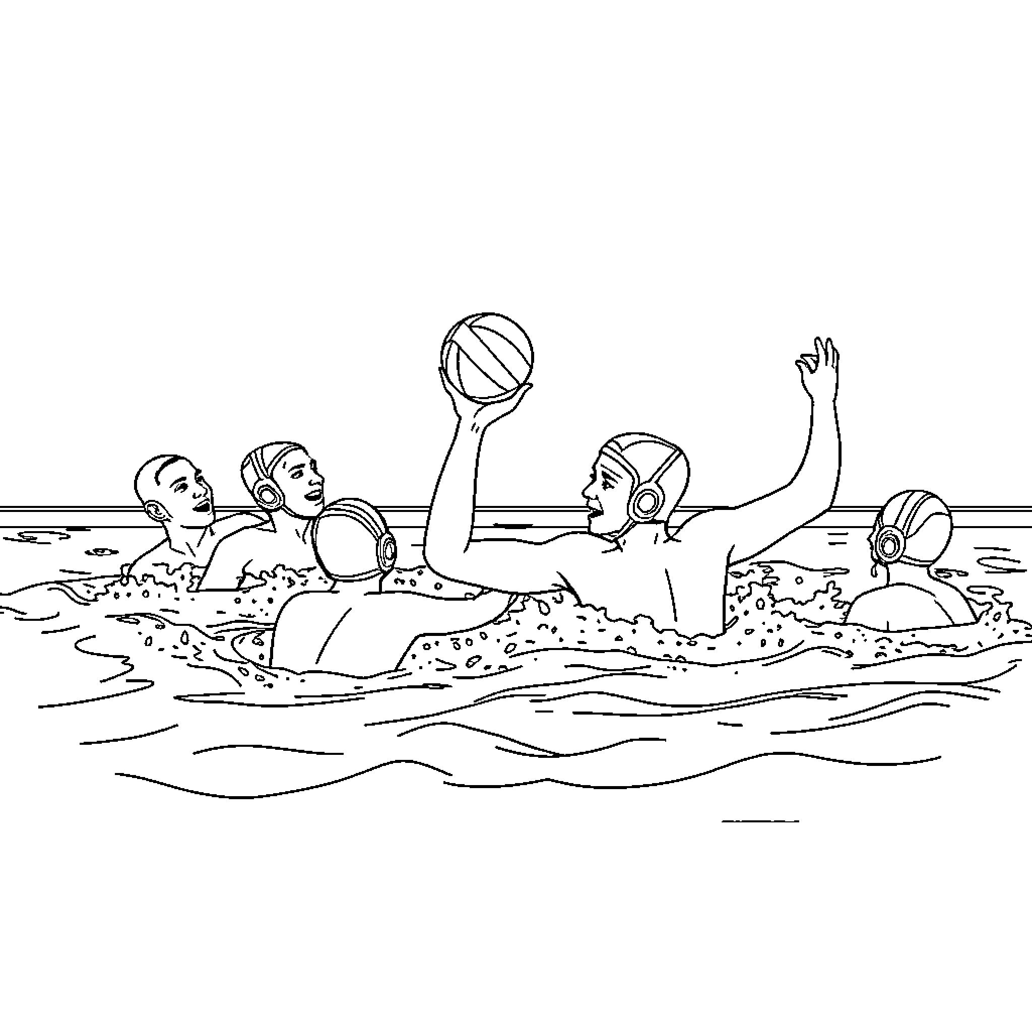 Water Polo Players in Competitive Action Coloring Page (free black-and-white line drawing printable PDF for all, from beginners to advanced learners, including children, teens, adults, and seniors)