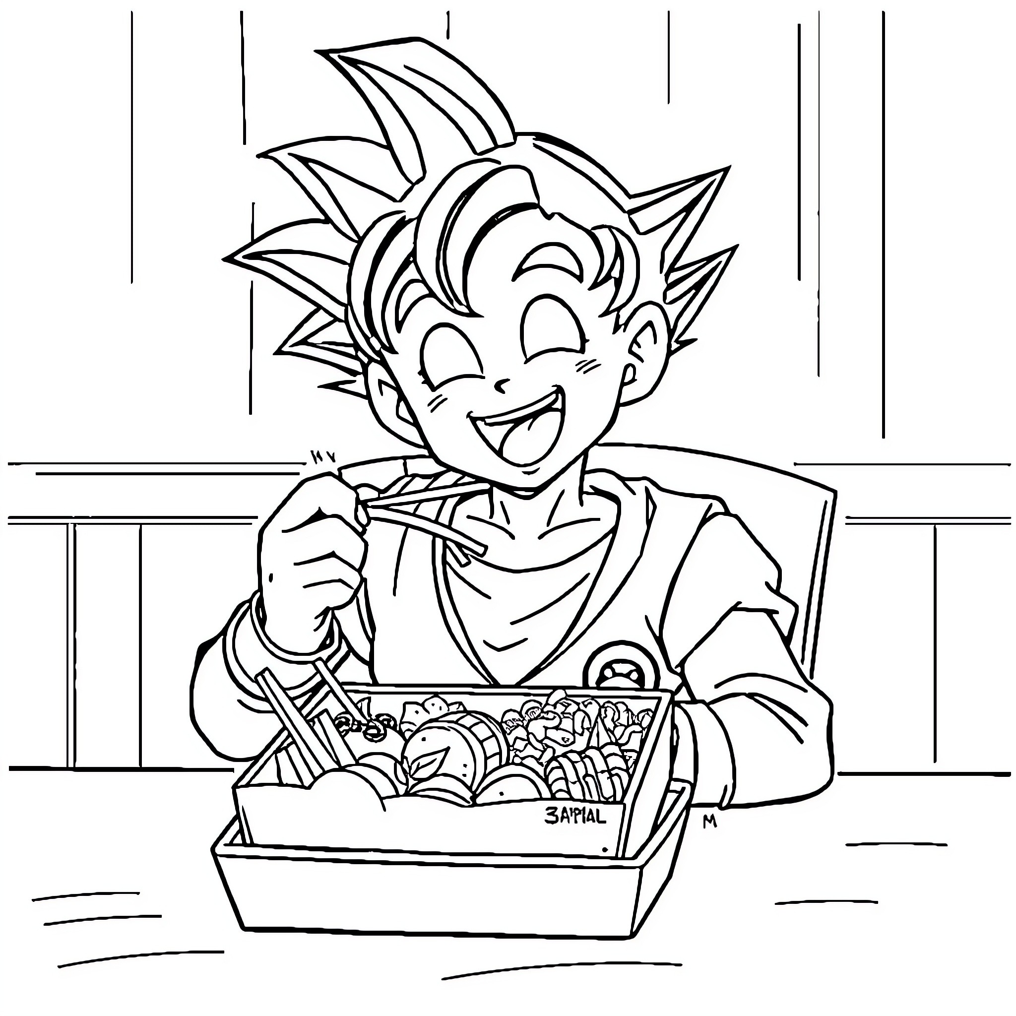 Son Gohan enjoying a hearty meal Coloring Page (free black-and-white line drawing printable PDF for all, from beginners to advanced learners, including children, teens, adults, and seniors)