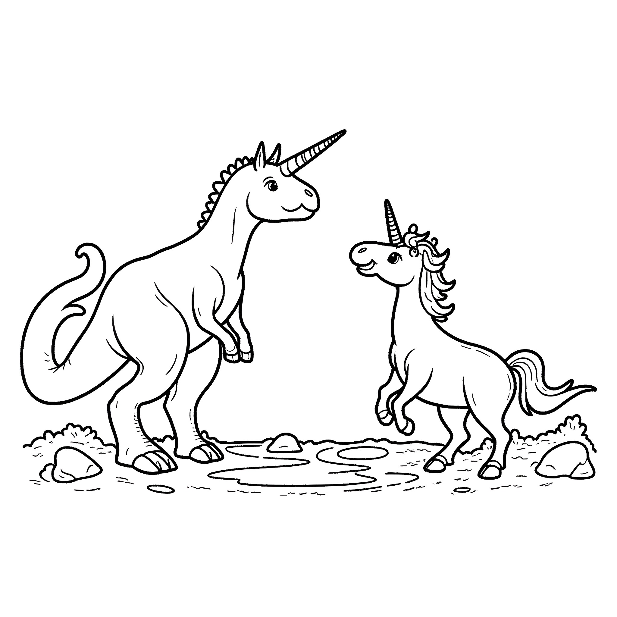 Dinosaur and Unicorn Playing Together Coloring Page (free black-and-white line drawing printable PDF for all, from beginners to advanced learners, including children, teens, adults, and seniors)