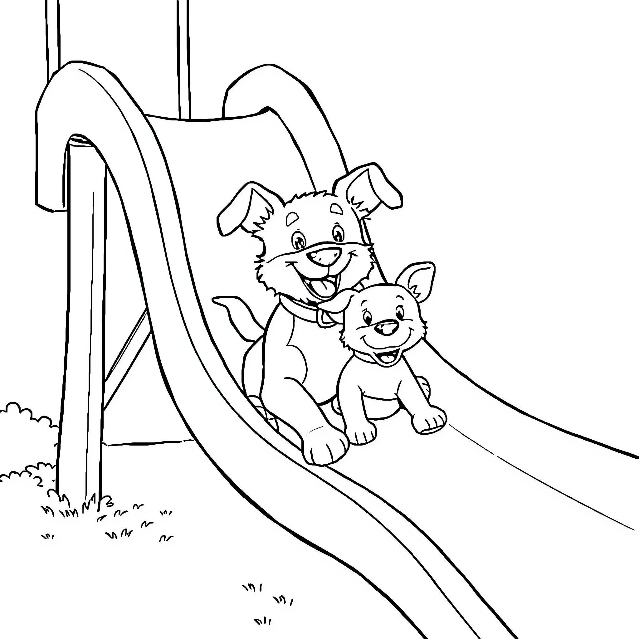 Bluey and Bingo playing on the slide happily Coloring Page (free black-and-white line drawing printable PDF for all, from beginners to advanced learners, including children, teens, adults, and seniors)