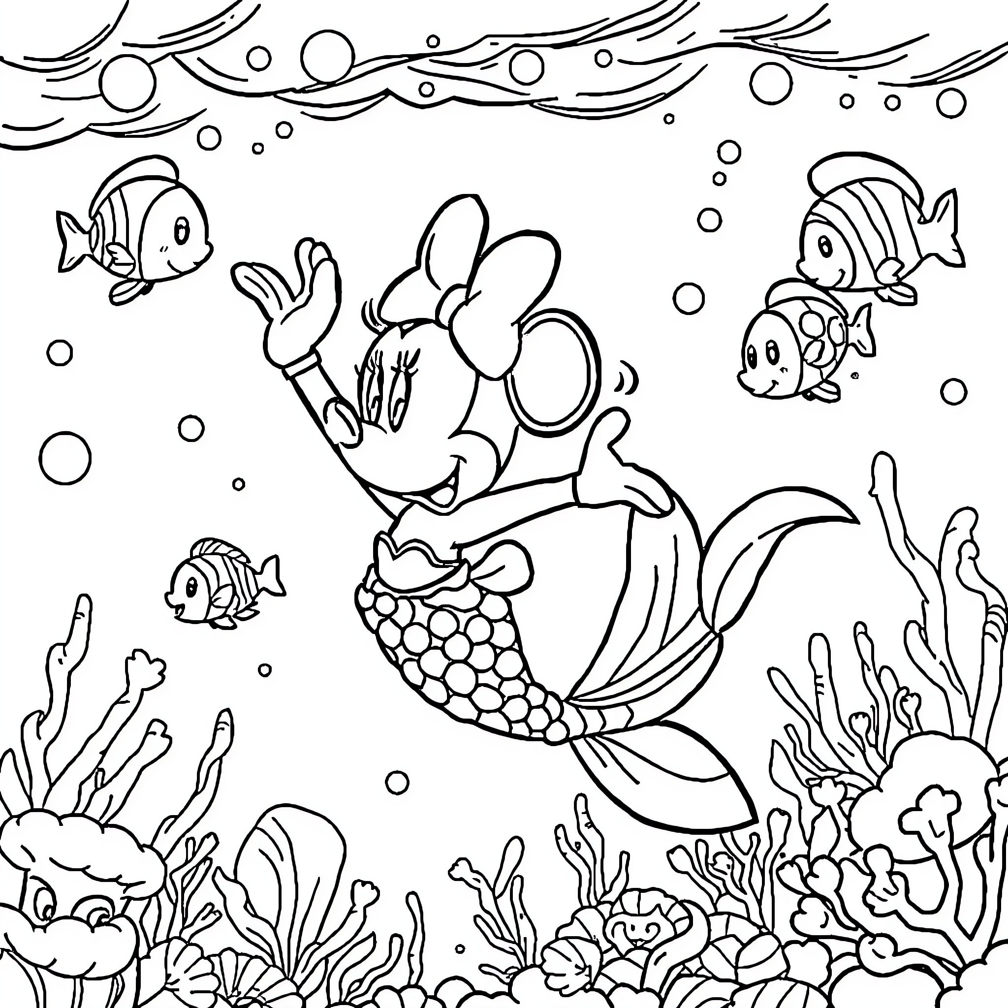 Mermaid swimming joyfully among sea creatures Coloring Page (free black-and-white line drawing printable PDF for all, from beginners to advanced learners, including children, teens, adults, and seniors)