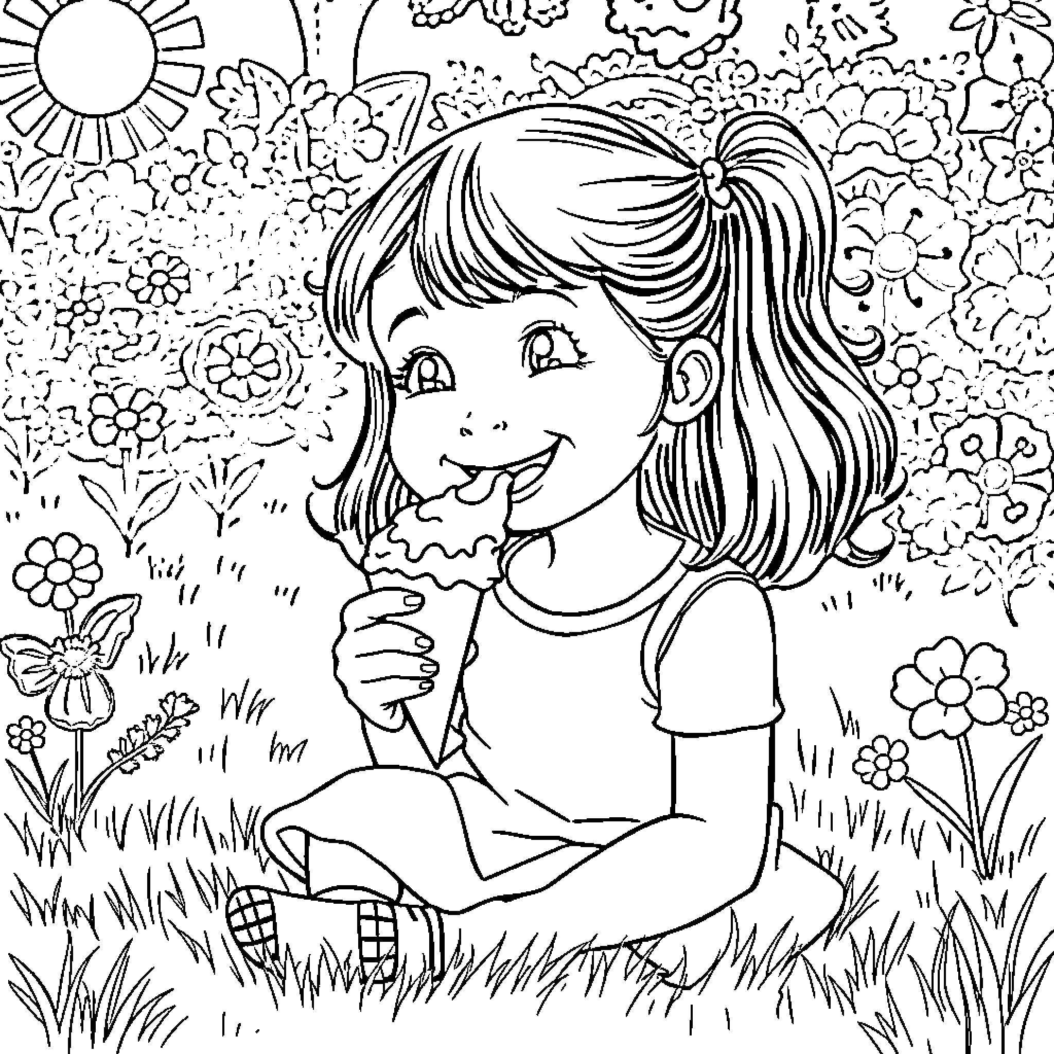 Girl enjoying nature and flowers in the meadow Coloring Page (free black-and-white line drawing printable PDF for all, from beginners to advanced learners, including children, teens, adults, and seniors)