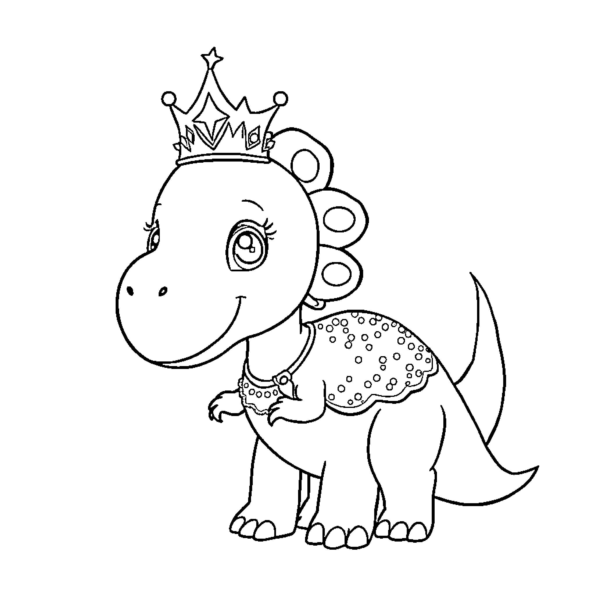 Dinosaur wearing a crown and smiling Coloring Page (free black-and-white line drawing printable PDF for all, from beginners to advanced learners, including children, teens, adults, and seniors)