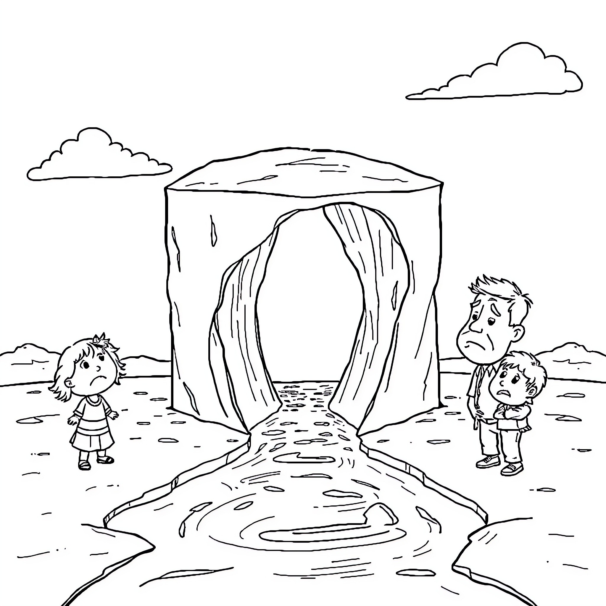 ICE Shelter with Fearful Children in the Wilderness Coloring Page (free black-and-white line drawing printable PDF for all, from beginners to advanced learners, including children, teens, adults, and seniors)