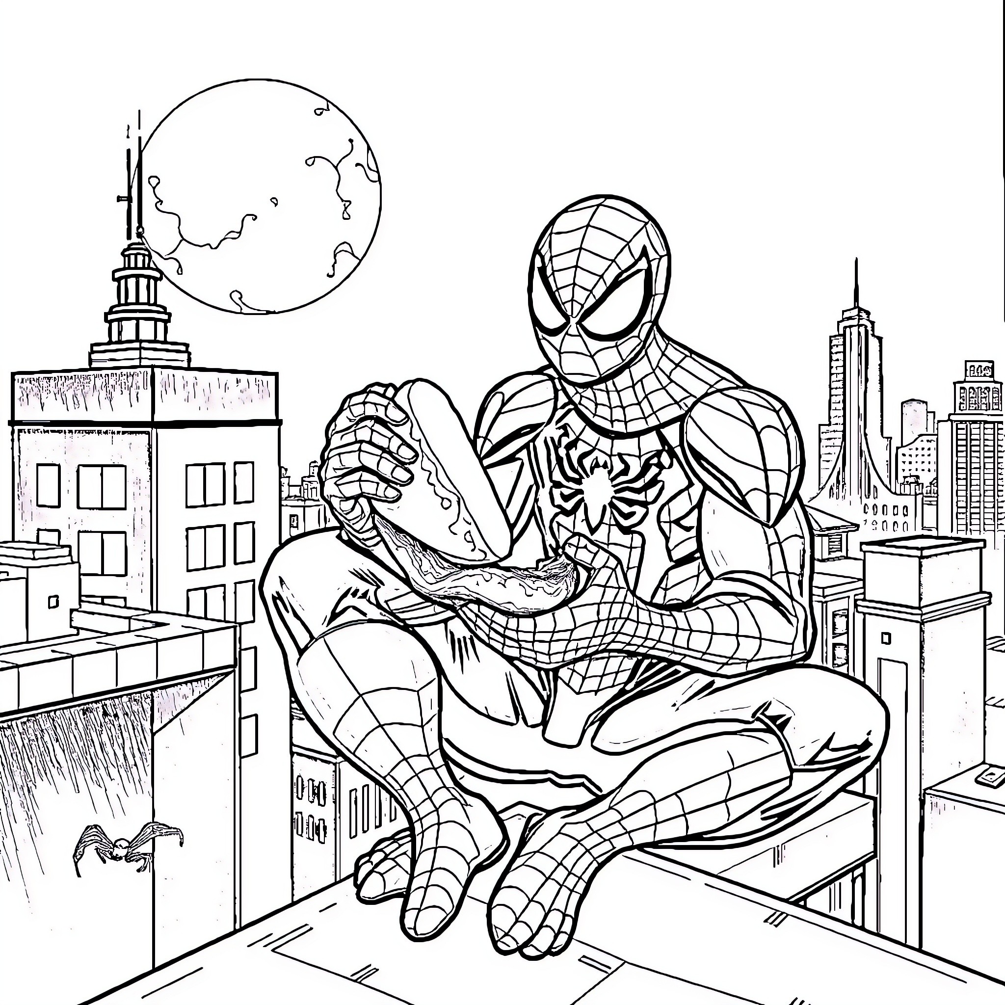 Spider-Man Contemplating in the City Coloring Page (free black-and-white line drawing printable PDF for all, from beginners to advanced learners, including children, teens, adults, and seniors)