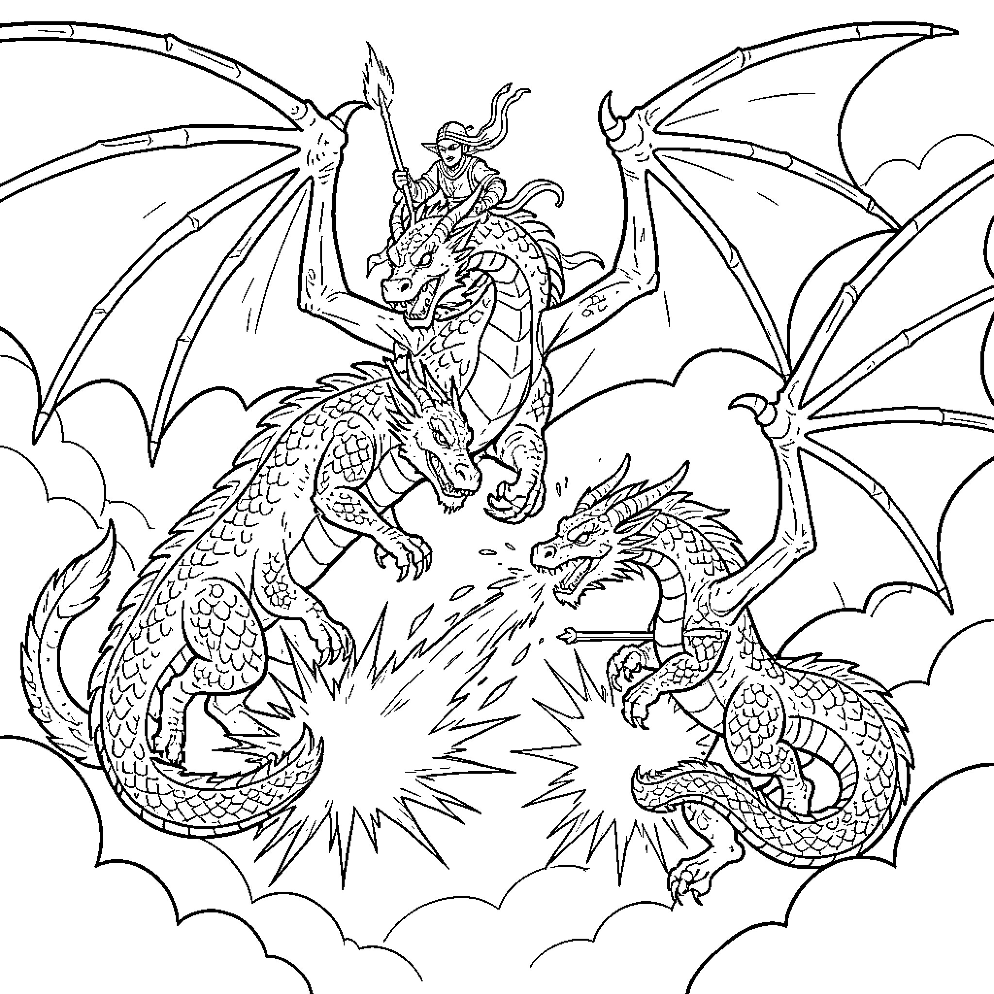 Dragon warrior battling fierce dragons in the sky Coloring Page (free black-and-white line drawing printable PDF for all, from beginners to advanced learners, including children, teens, adults, and seniors)