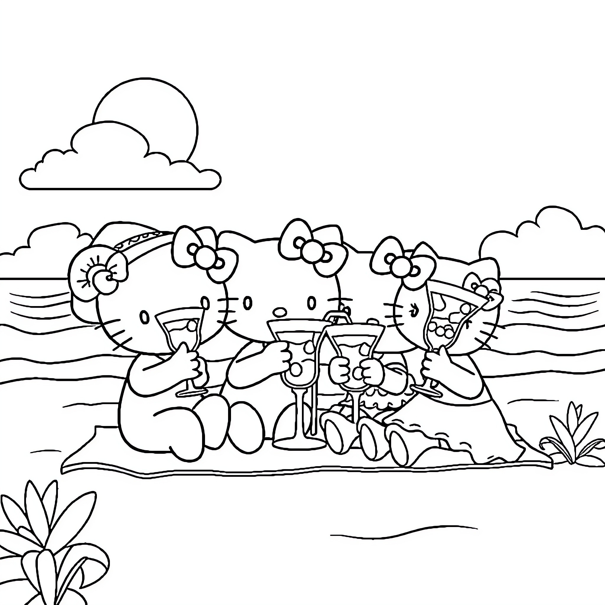 Hello Kitty and Friends Enjoying a Beach Party Coloring Page (free black-and-white line drawing printable PDF for all, from beginners to advanced learners, including children, teens, adults, and seniors)