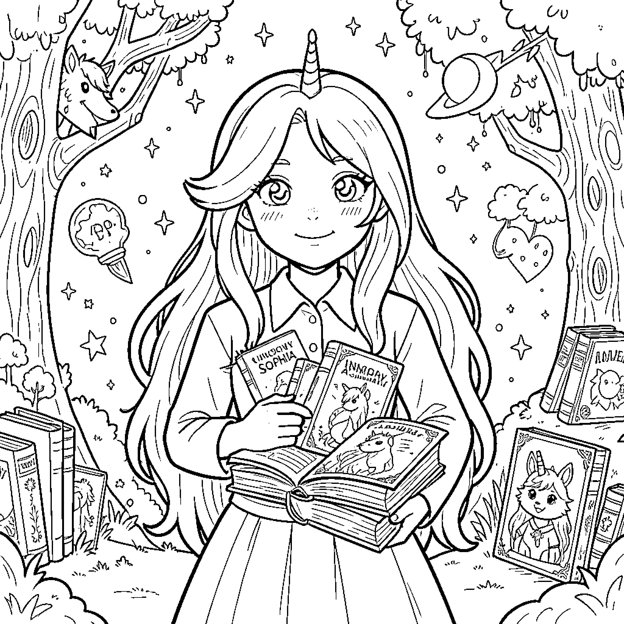 Sophia reading magical books in a fantasy forest Coloring Page (free black-and-white line drawing printable PDF for all, from beginners to advanced learners, including children, teens, adults, and seniors)