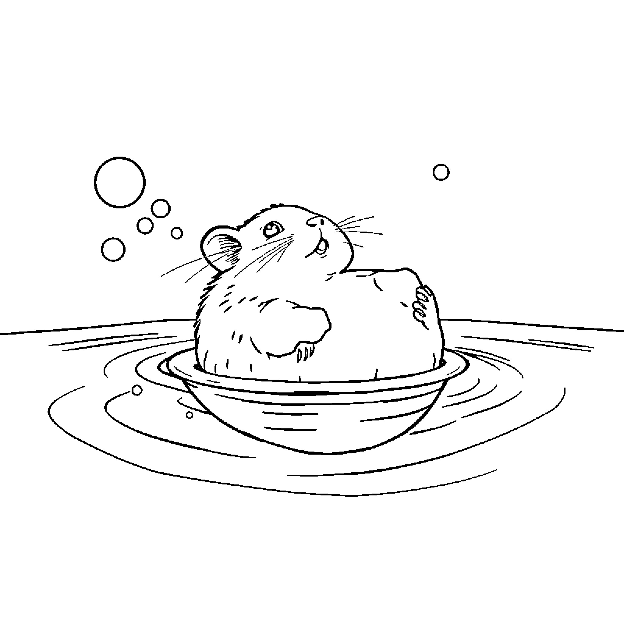 Hamster enjoying a relaxing bath Coloring Page (free black-and-white line drawing printable PDF for all, from beginners to advanced learners, including children, teens, adults, and seniors)