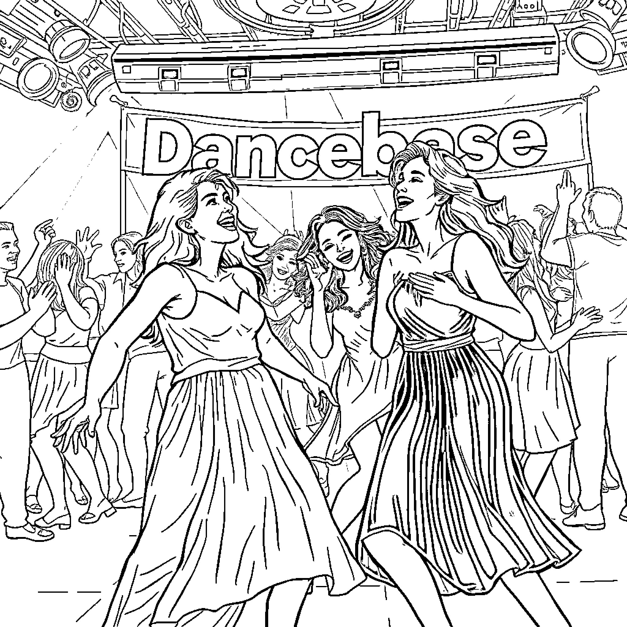 Dancers performing joyfully on stage Coloring Page (free black-and-white line drawing printable PDF for all, from beginners to advanced learners, including children, teens, adults, and seniors)