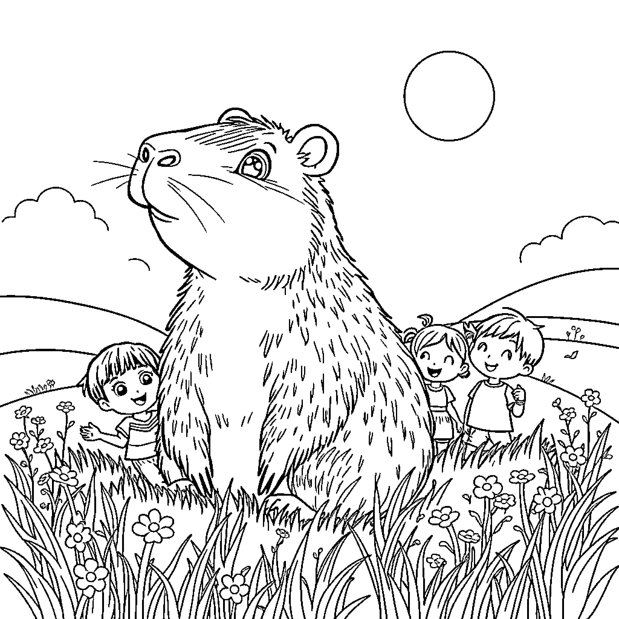 Capybara observing children playing in nature Coloring Page (free black-and-white line drawing printable PDF for all, from beginners to advanced learners, including children, teens, adults, and seniors)