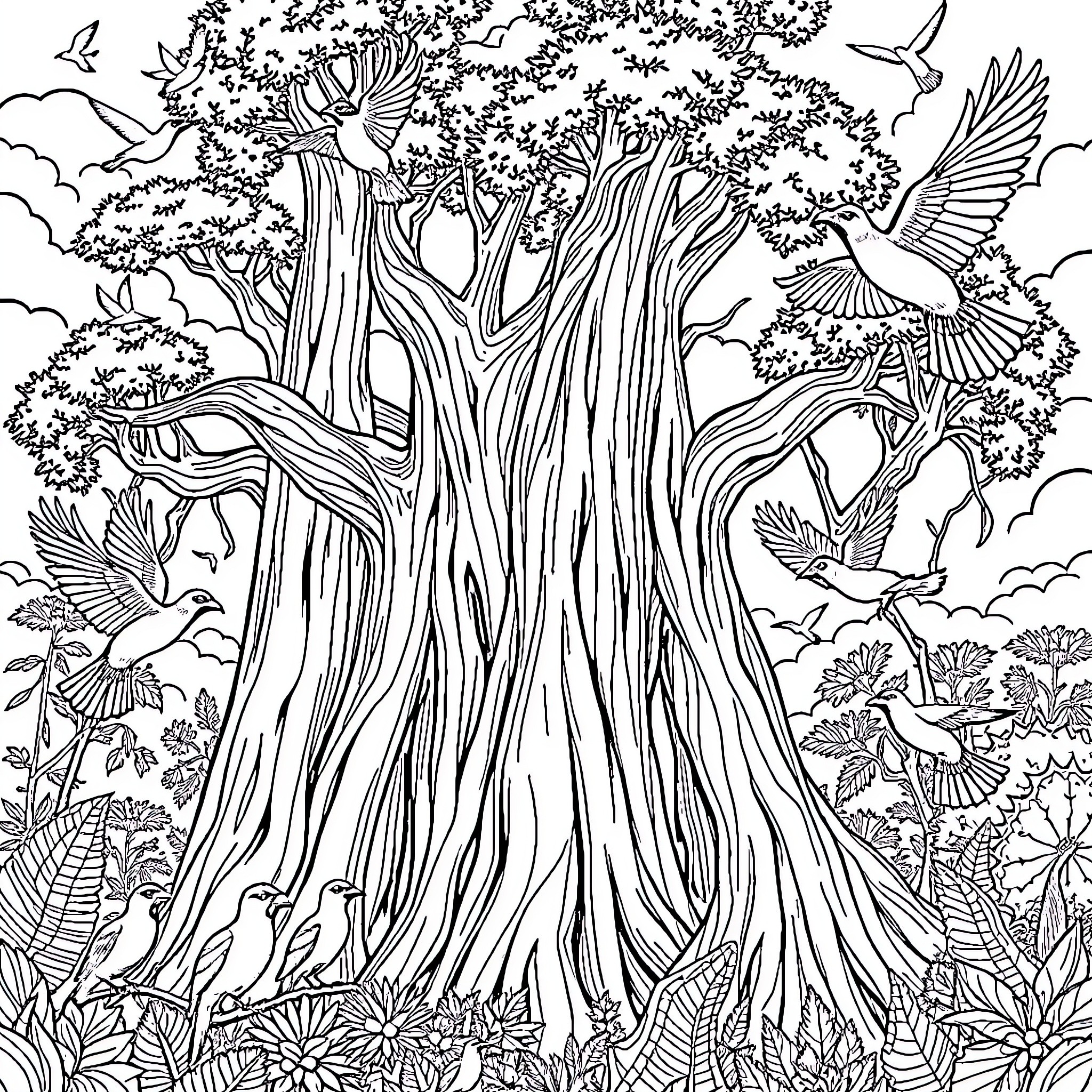 Tree of life with flying birds in nature Coloring Page (free black-and-white line drawing printable PDF for all, from beginners to advanced learners, including children, teens, adults, and seniors)