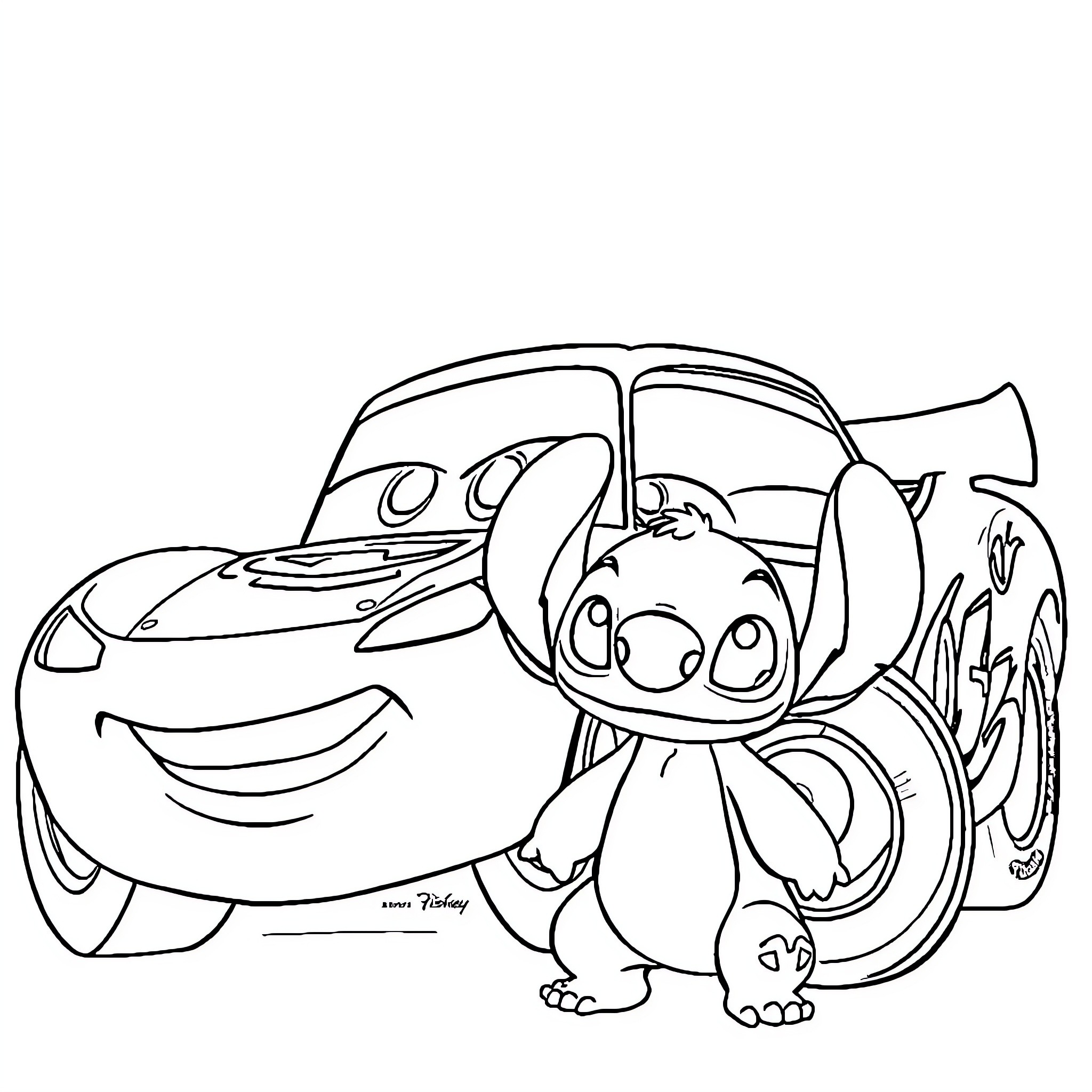 Stitch and Lightning McQueen sharing a moment Coloring Page (free black-and-white line drawing printable PDF for all, from beginners to advanced learners, including children, teens, adults, and seniors)
