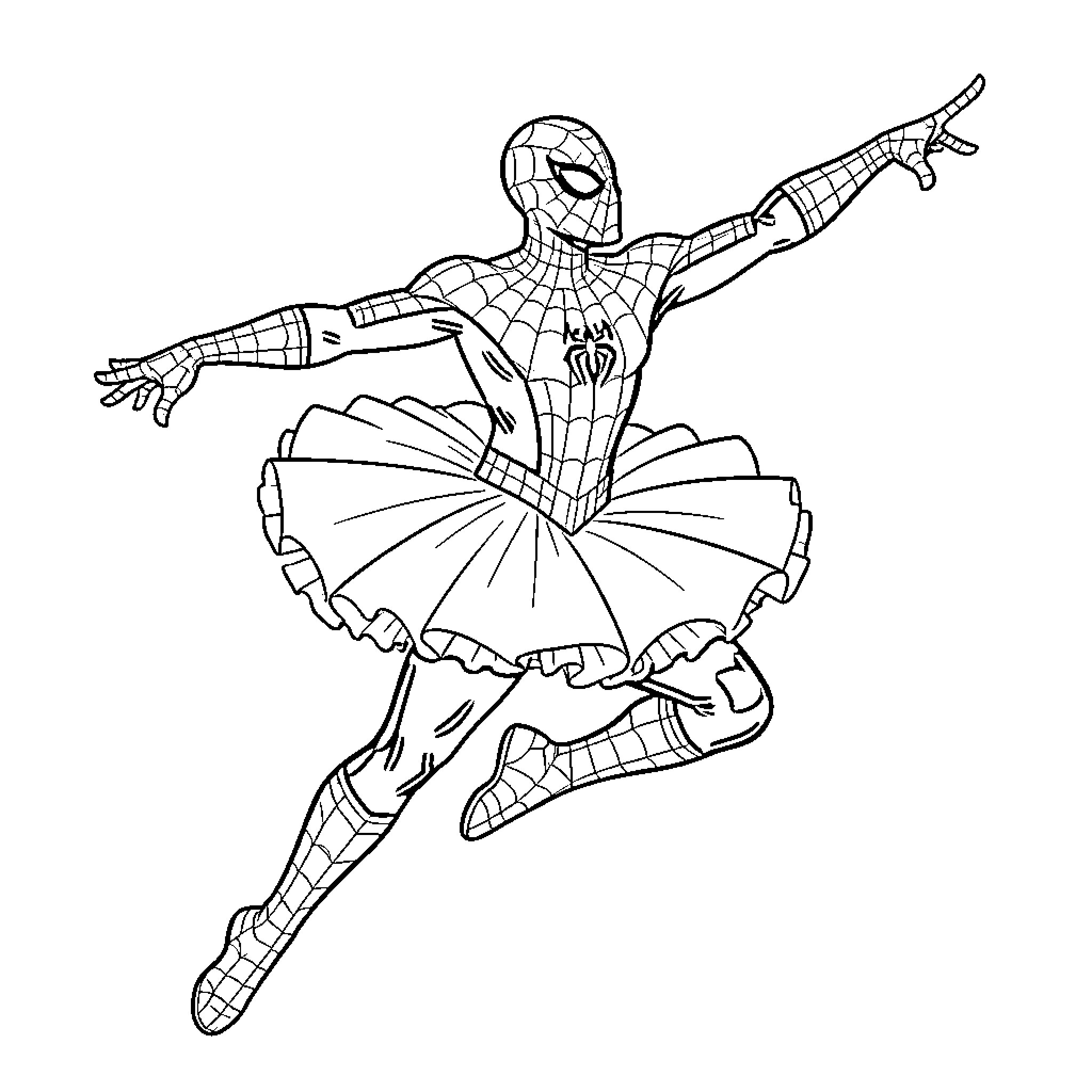 Spider-Man dancing gracefully in a ballet tutu Coloring Page (free black-and-white line drawing printable PDF for all, from beginners to advanced learners, including children, teens, adults, and seniors)