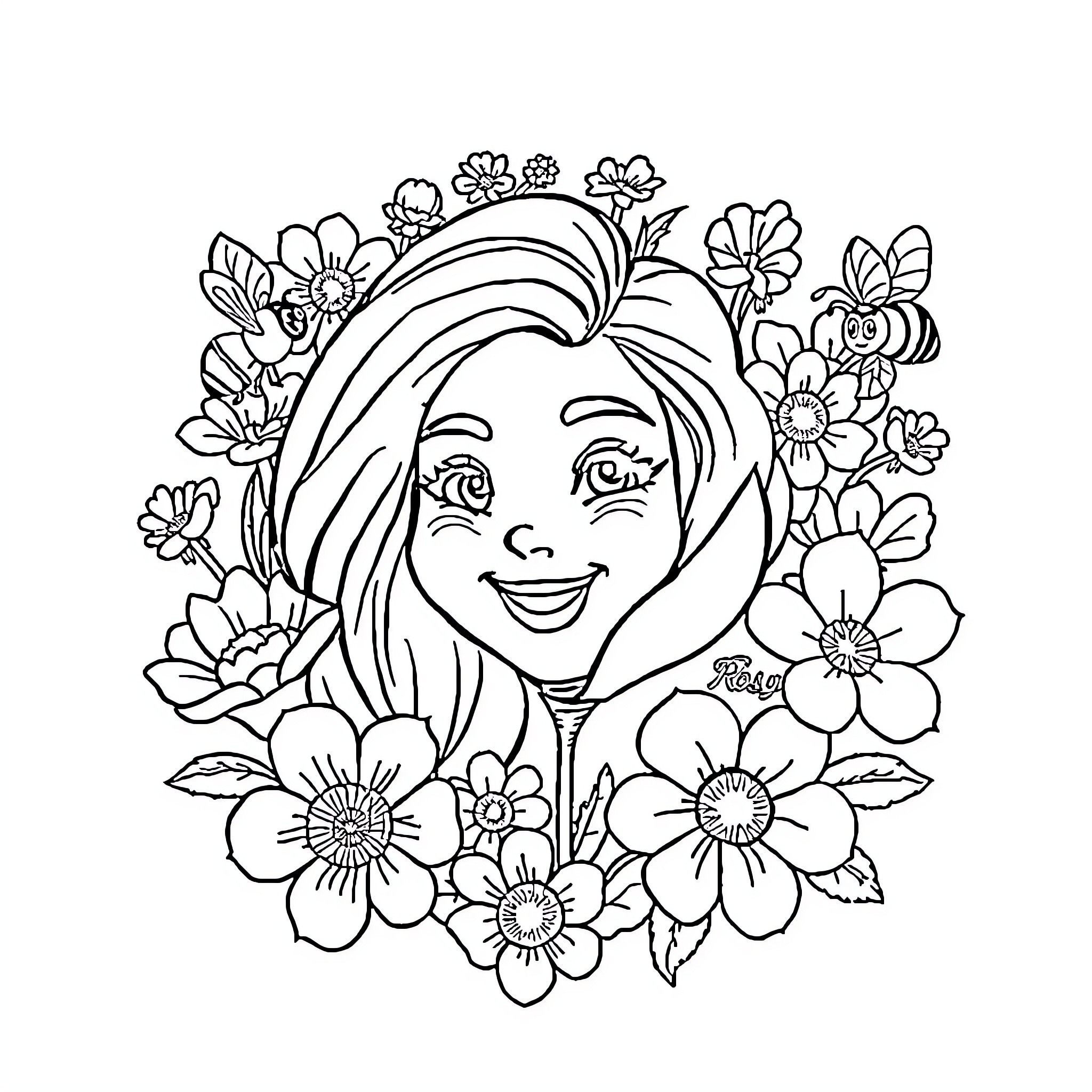 Logo of a smiling woman surrounded by flowers Coloring Page (free black-and-white line drawing printable PDF for all, from beginners to advanced learners, including children, teens, adults, and seniors)