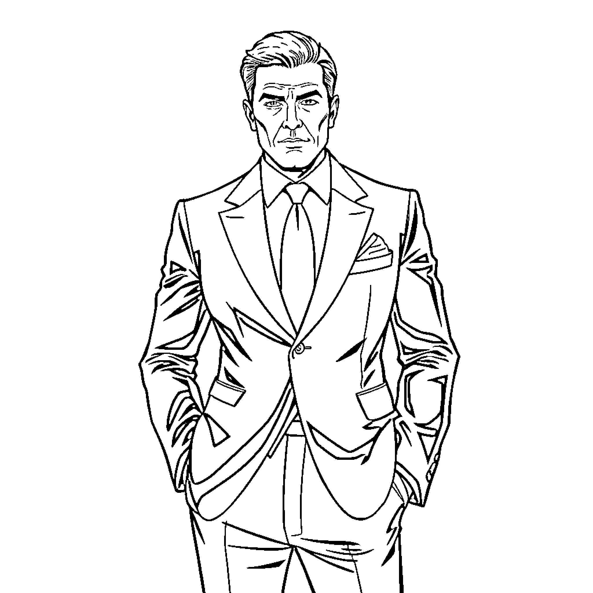 Antonio Montana in a Sophisticated Suit Coloring Page (free black-and-white line drawing printable PDF for all, from beginners to advanced learners, including children, teens, adults, and seniors)