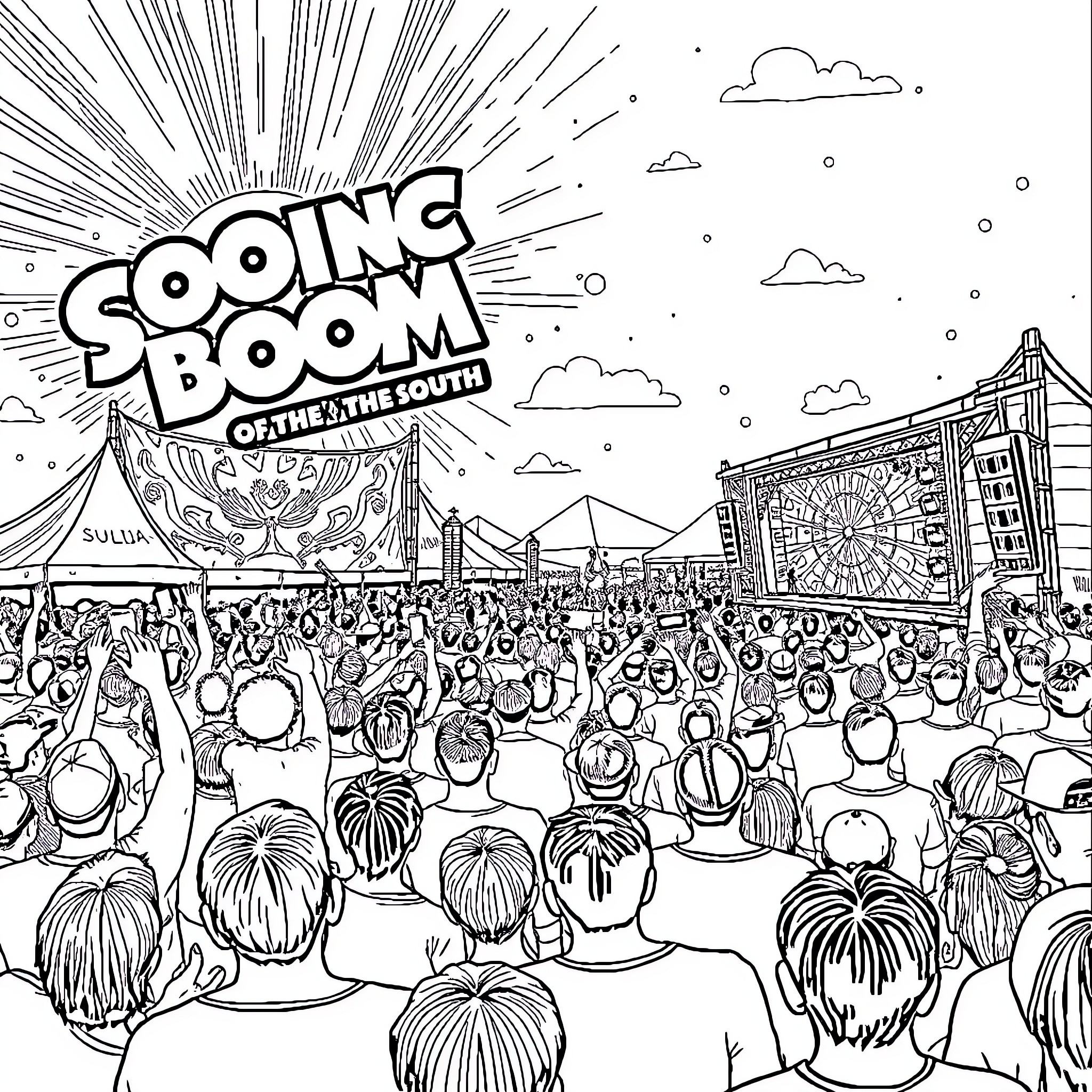 Sonic Boom: Crowd at Music Festival Celebrating the South Coloring Page (free black-and-white line drawing printable PDF for all, from beginners to advanced learners, including children, teens, adults, and seniors)