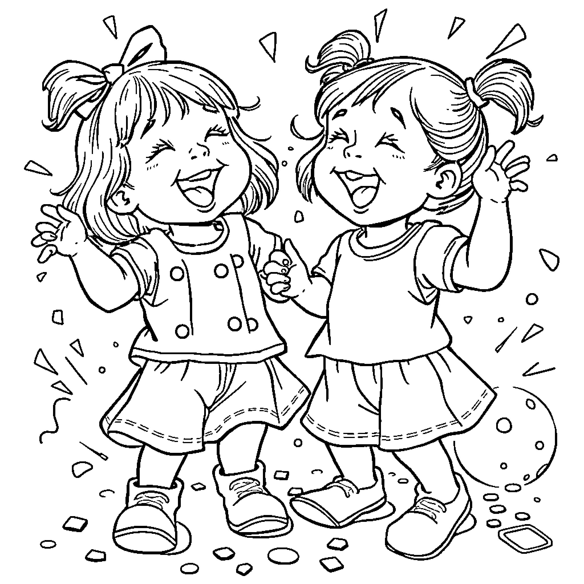Toddler girls celebrating and playing Coloring Page (free black-and-white line drawing printable PDF for all, from beginners to advanced learners, including children, teens, adults, and seniors)