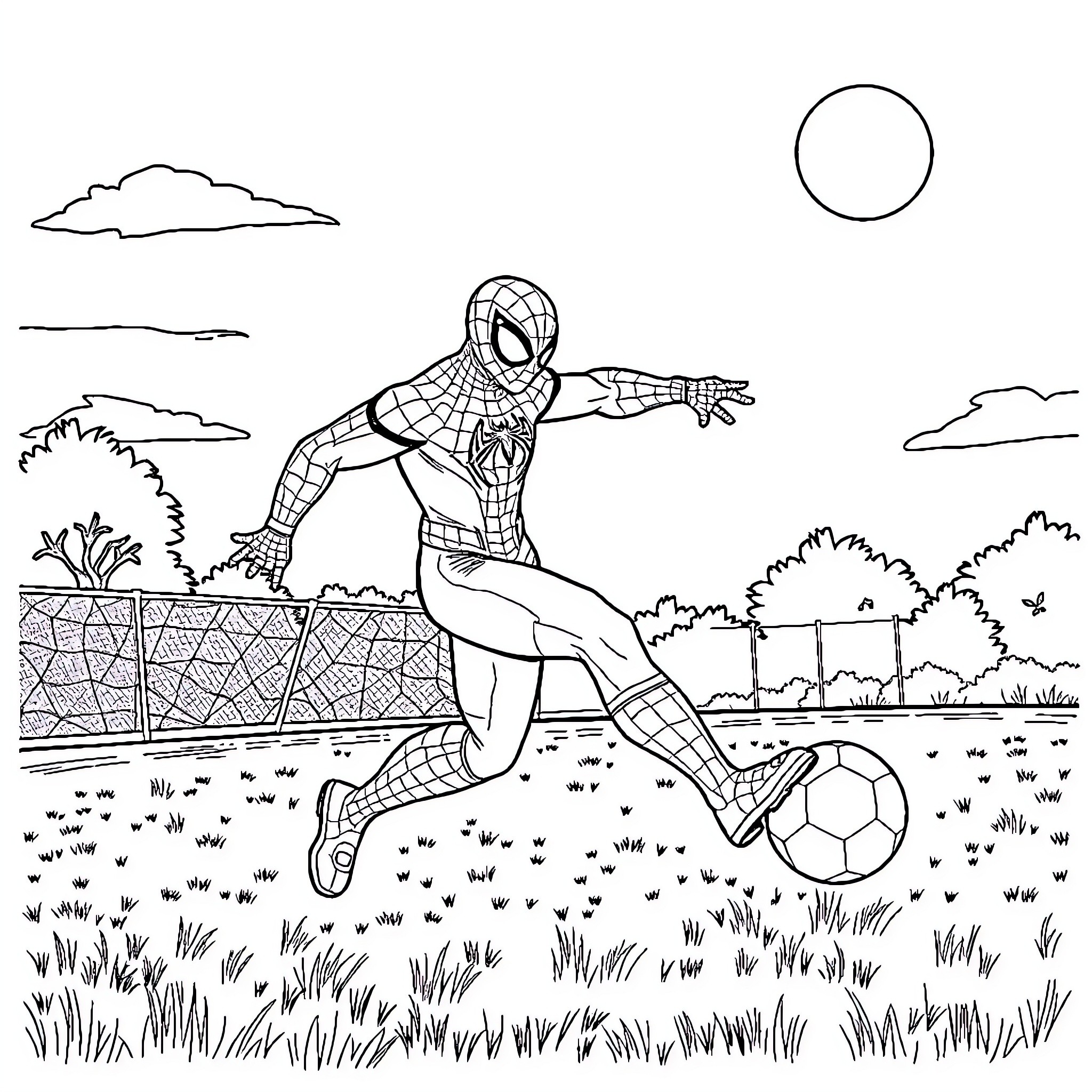 Spiderman playing soccer in an outdoor field Coloring Page (free black-and-white line drawing printable PDF for all, from beginners to advanced learners, including children, teens, adults, and seniors)