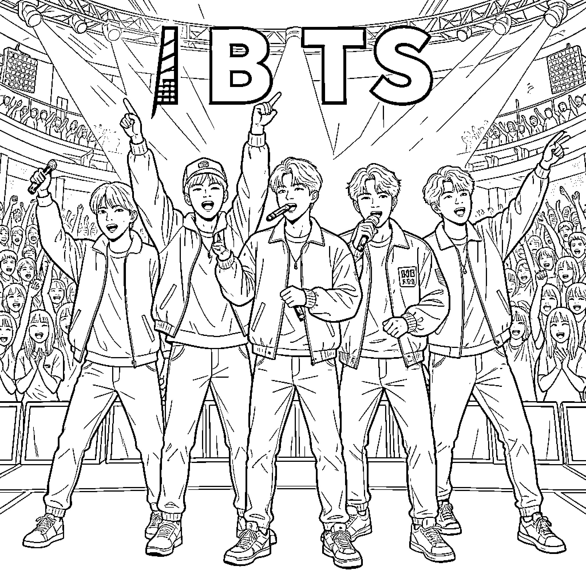 BTS performing energetically on stage for a crowd Coloring Page (free black-and-white line drawing printable PDF for all, from beginners to advanced learners, including children, teens, adults, and seniors)