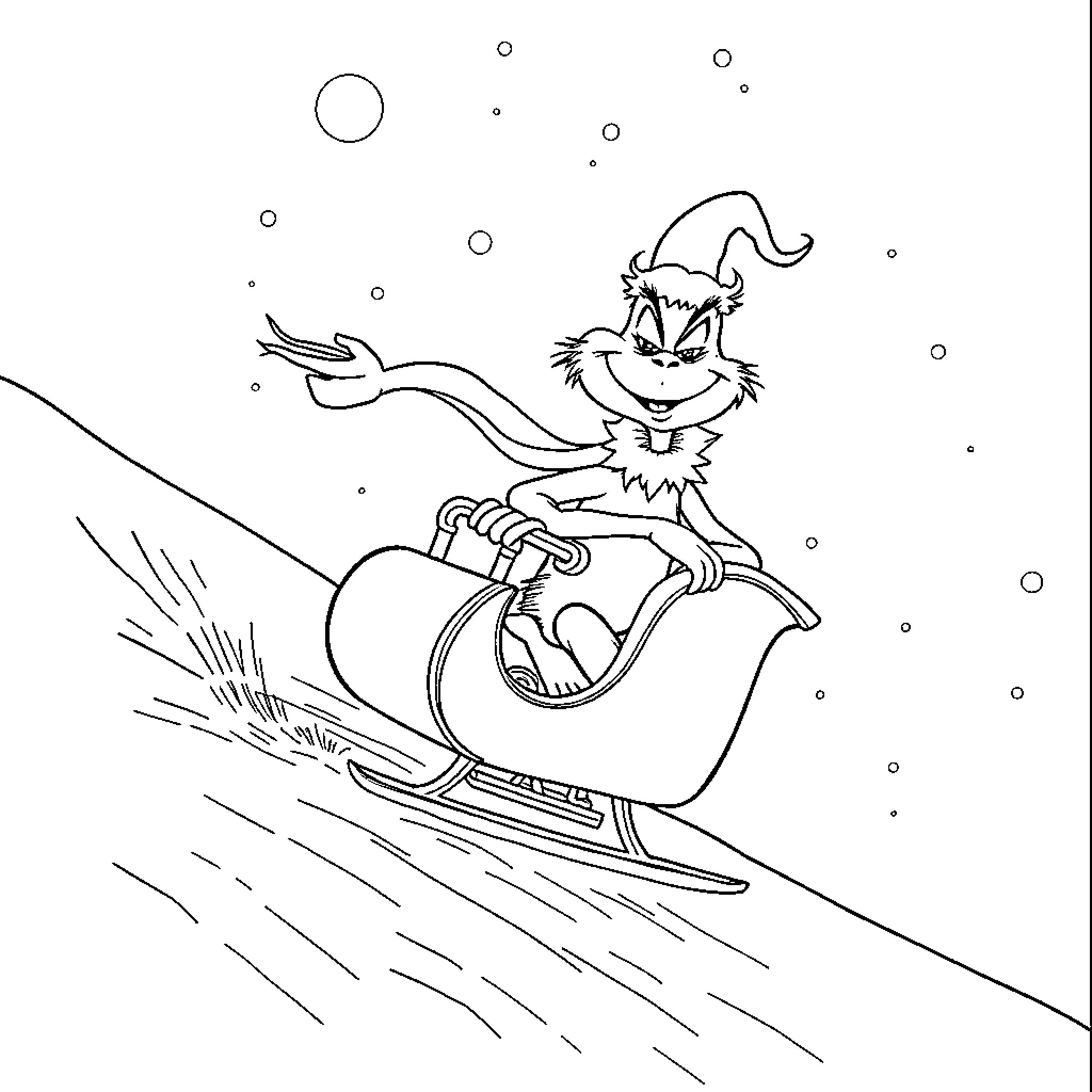 Grinch riding a sled down a snowy hill Coloring Page (free black-and-white line drawing printable PDF for all, from beginners to advanced learners, including children, teens, adults, and seniors)