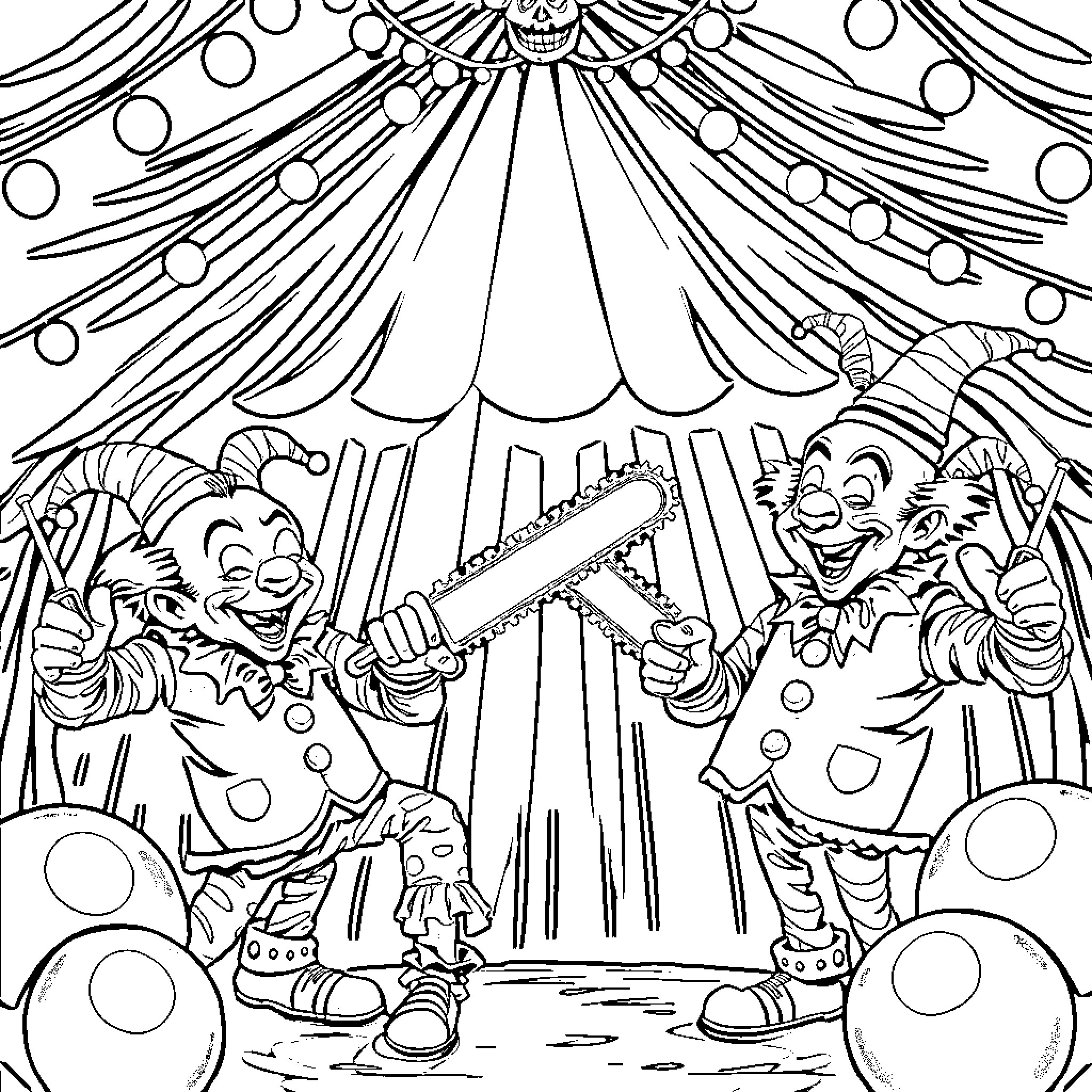 Clowns performing in a circus tent Coloring Page (free black-and-white line drawing printable PDF for all, from beginners to advanced learners, including children, teens, adults, and seniors)