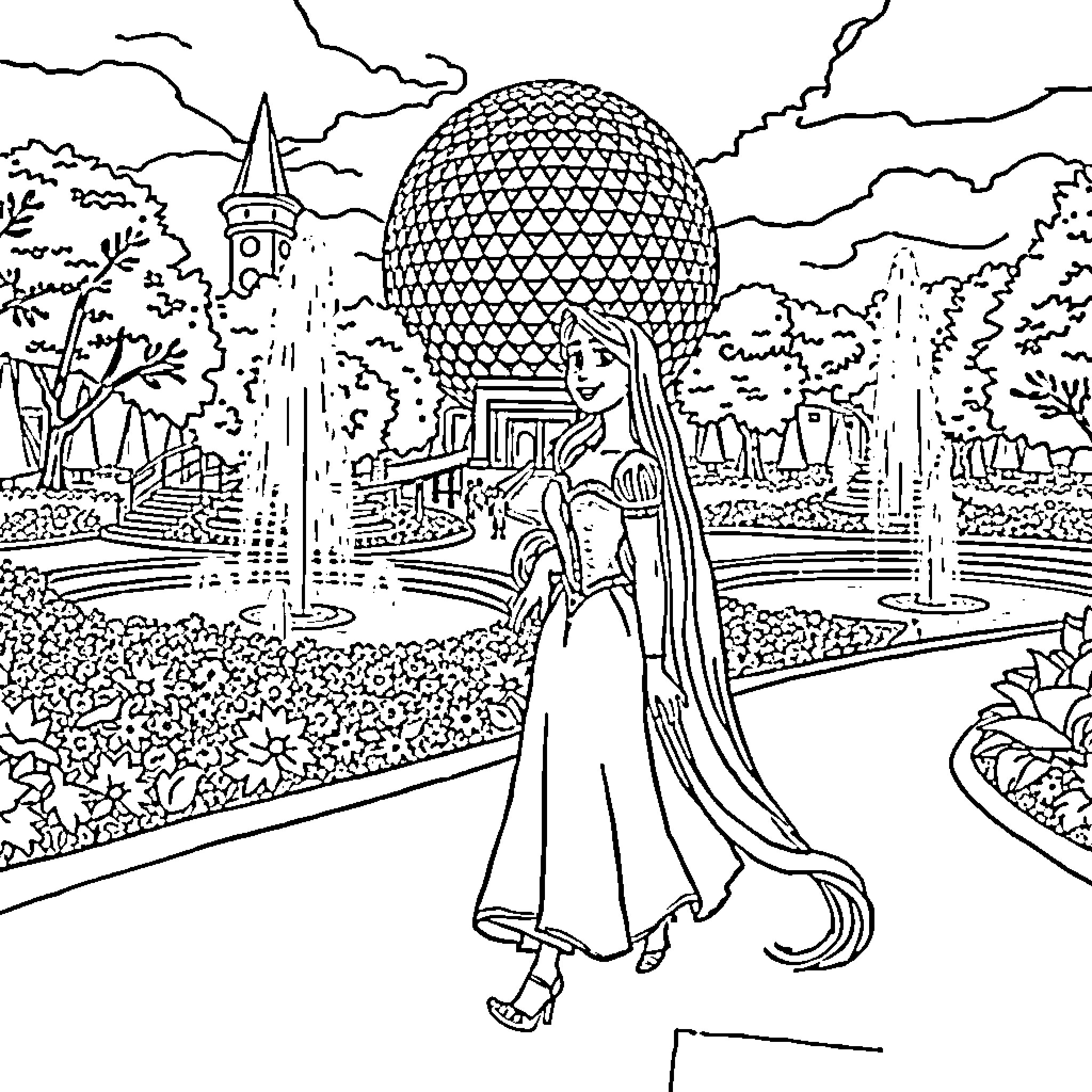 Rapunzel exploring the whimsical landscape Coloring Page (free black-and-white line drawing printable PDF for all, from beginners to advanced learners, including children, teens, adults, and seniors)