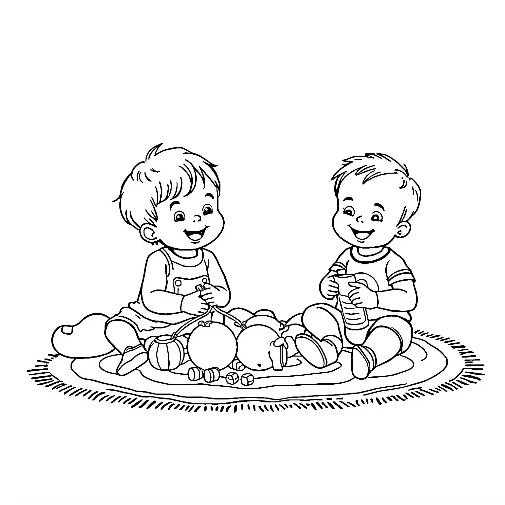 Child playing with toys on the floor Coloring Page (free black-and-white line drawing printable PDF for all, from beginners to advanced learners, including children, teens, adults, and seniors)