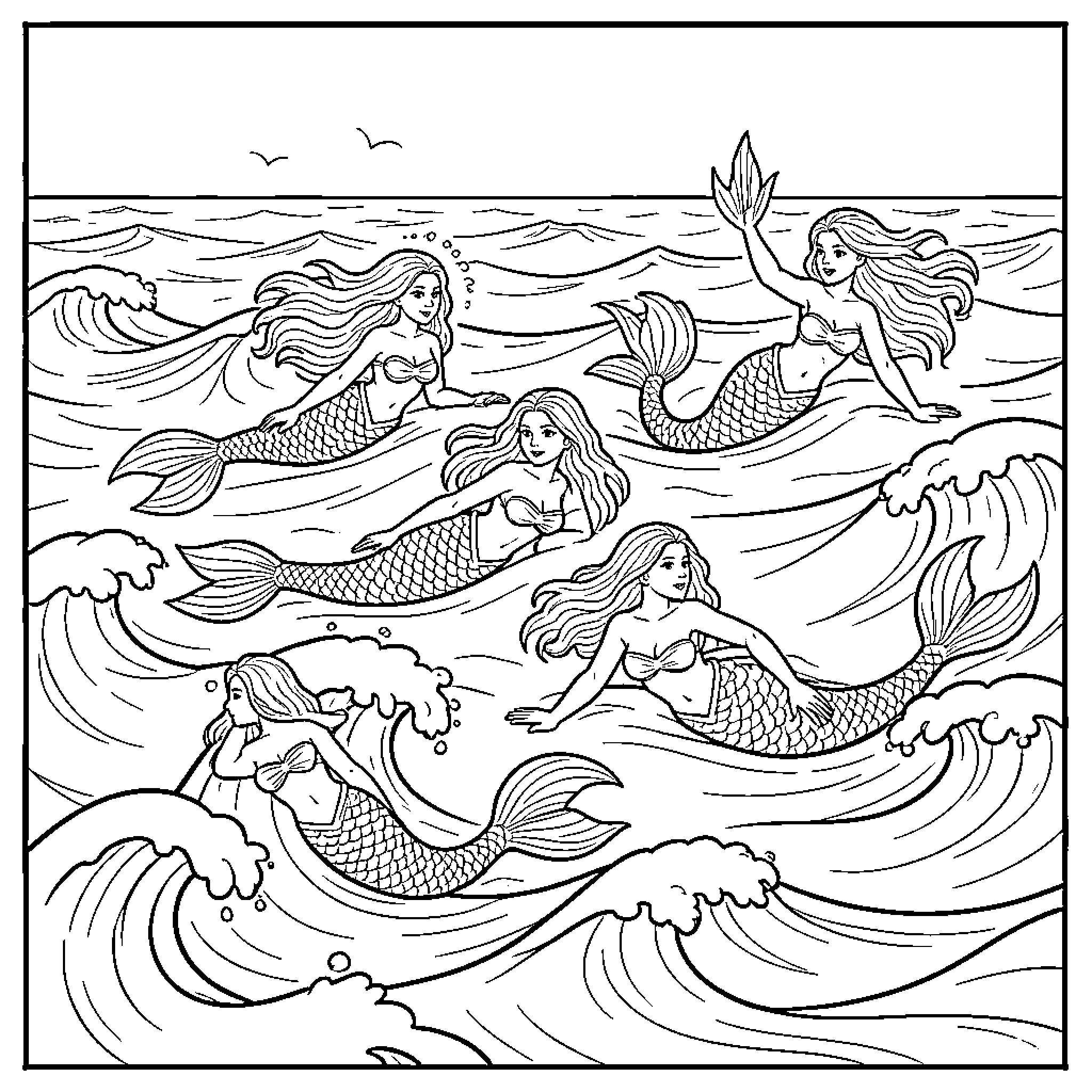 Mermaid group swimming through rolling ocean waves Coloring Page (free black-and-white line drawing printable PDF for all, from beginners to advanced learners, including children, teens, adults, and seniors)