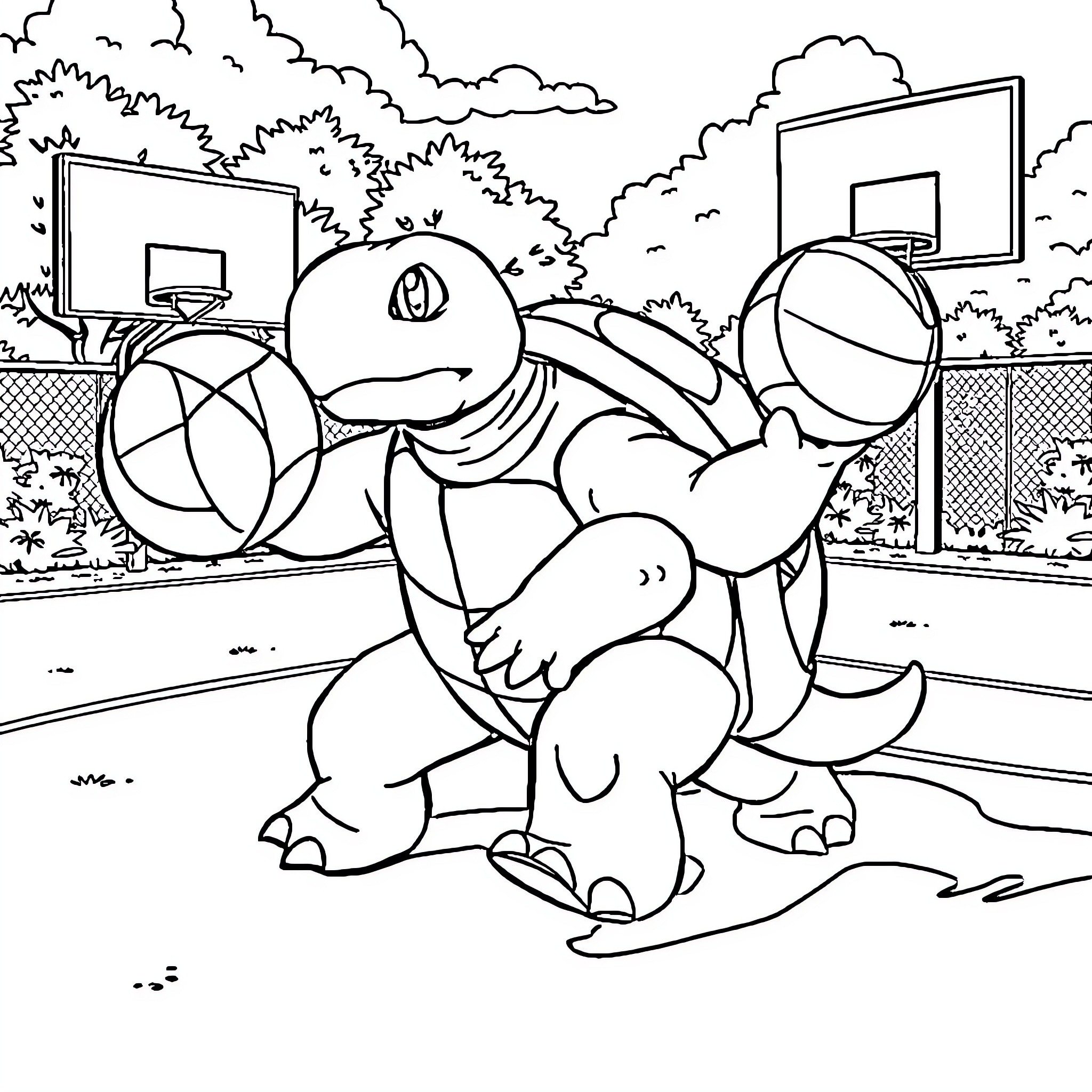 Tortank playing basketball on the court Coloring Page (free black-and-white line drawing printable PDF for all, from beginners to advanced learners, including children, teens, adults, and seniors)