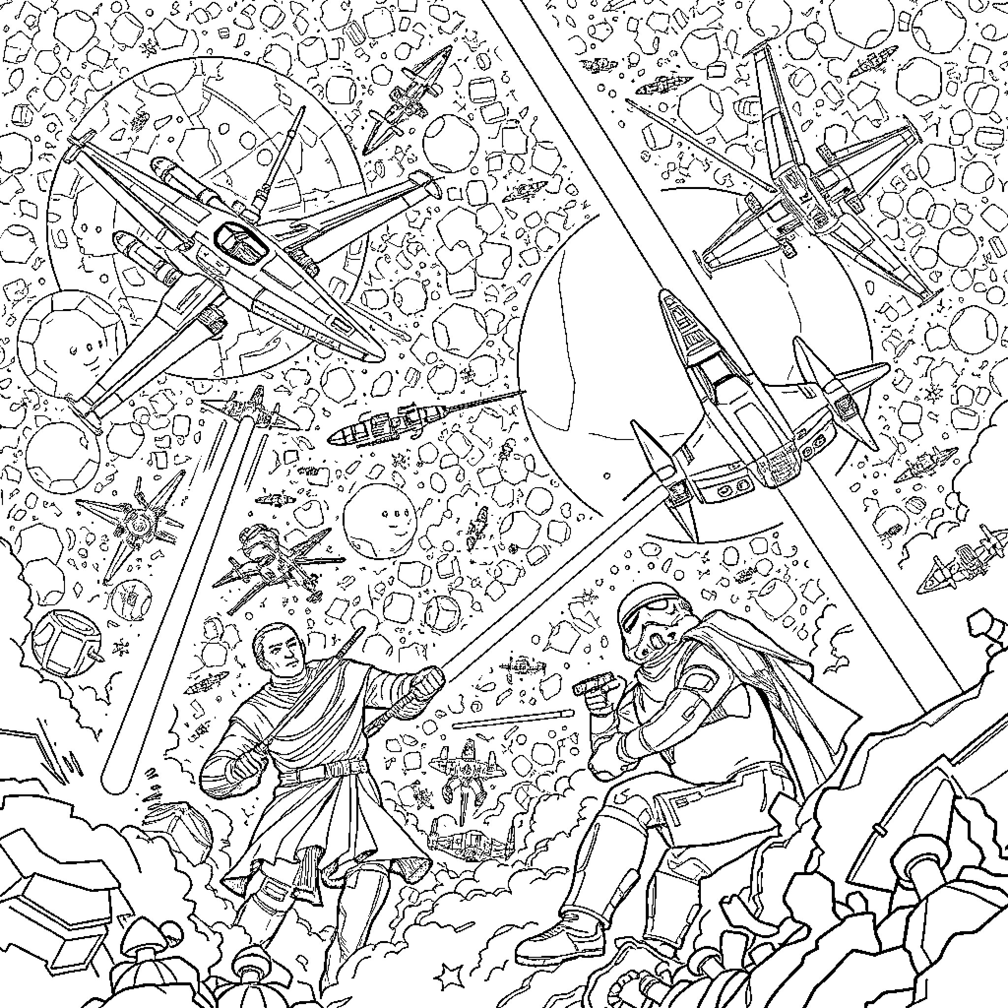 Star Wars: Galactic Battles in the Cosmos Coloring Page (free black-and-white line drawing printable PDF for all, from beginners to advanced learners, including children, teens, adults, and seniors)