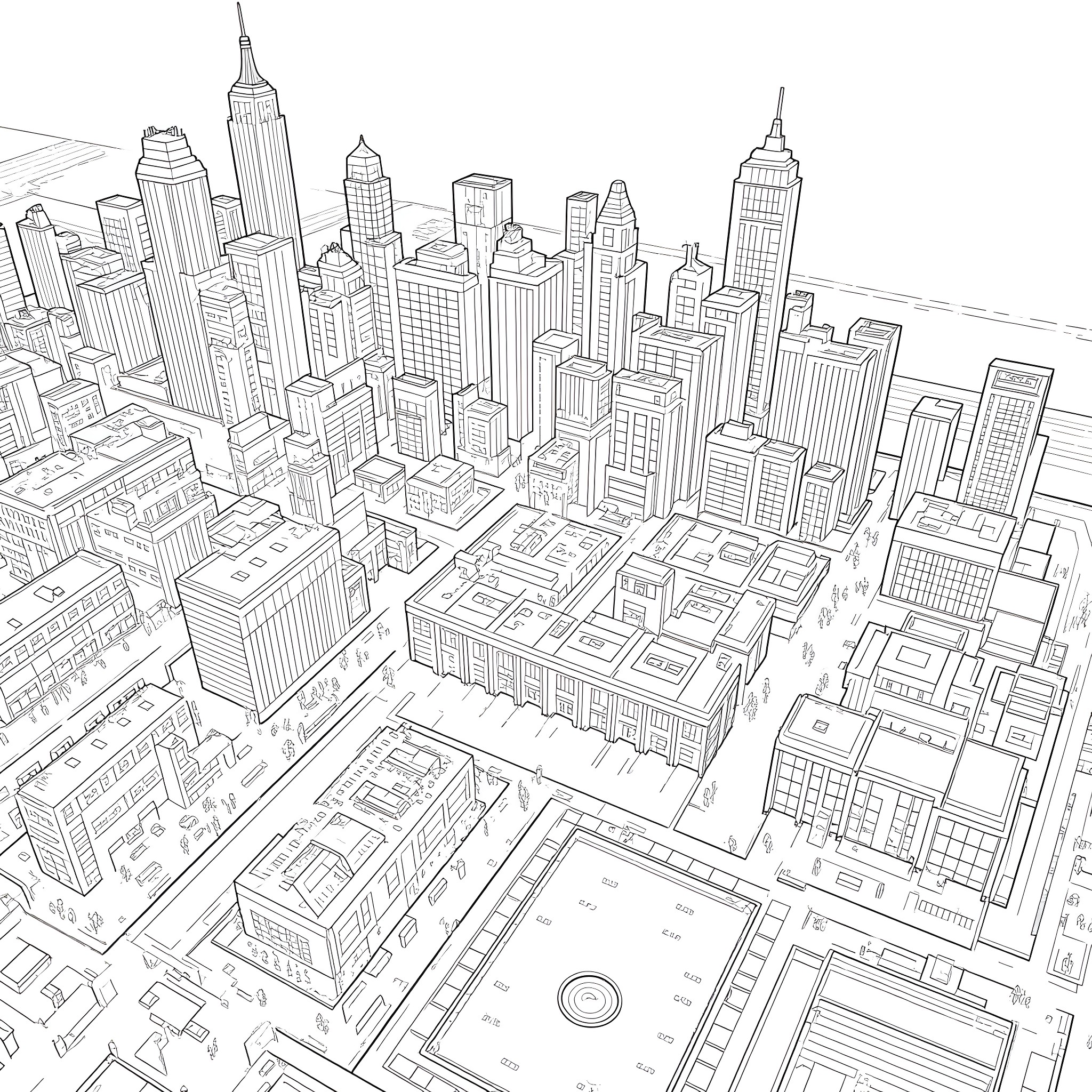 New York City Architectural Landscape with Skyscrapers Coloring Page (free black-and-white line drawing printable PDF for all, from beginners to advanced learners, including children, teens, adults, and seniors)