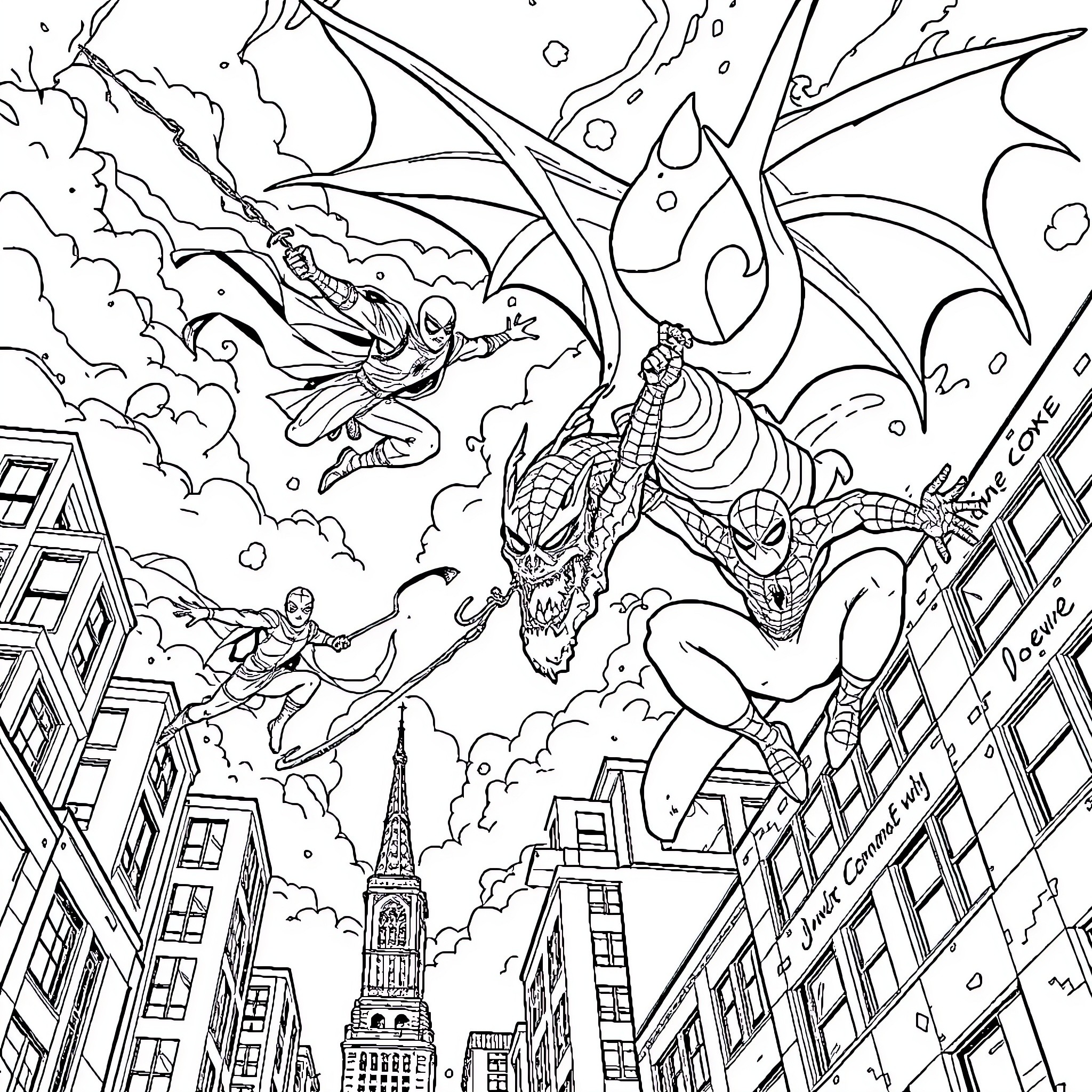 Ninja heroes battle fierce dragon over cityscape Coloring Page (free black-and-white line drawing printable PDF for all, from beginners to advanced learners, including children, teens, adults, and seniors)