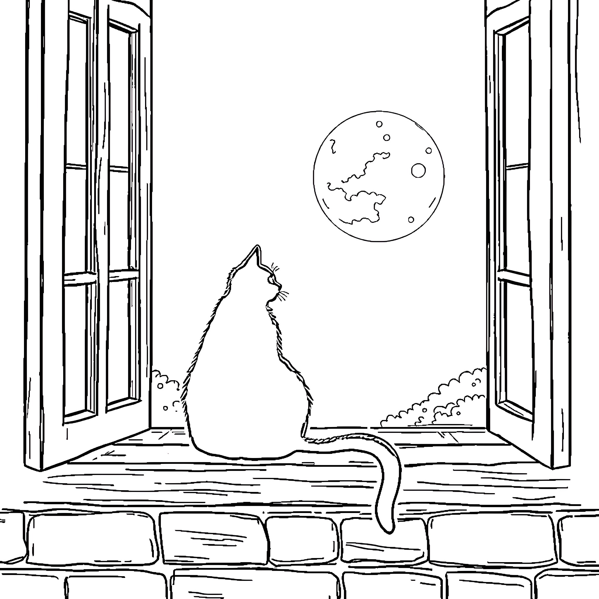 Cat gazing at the moon through an open window Coloring Page (free black-and-white line drawing printable PDF for all, from beginners to advanced learners, including children, teens, adults, and seniors)