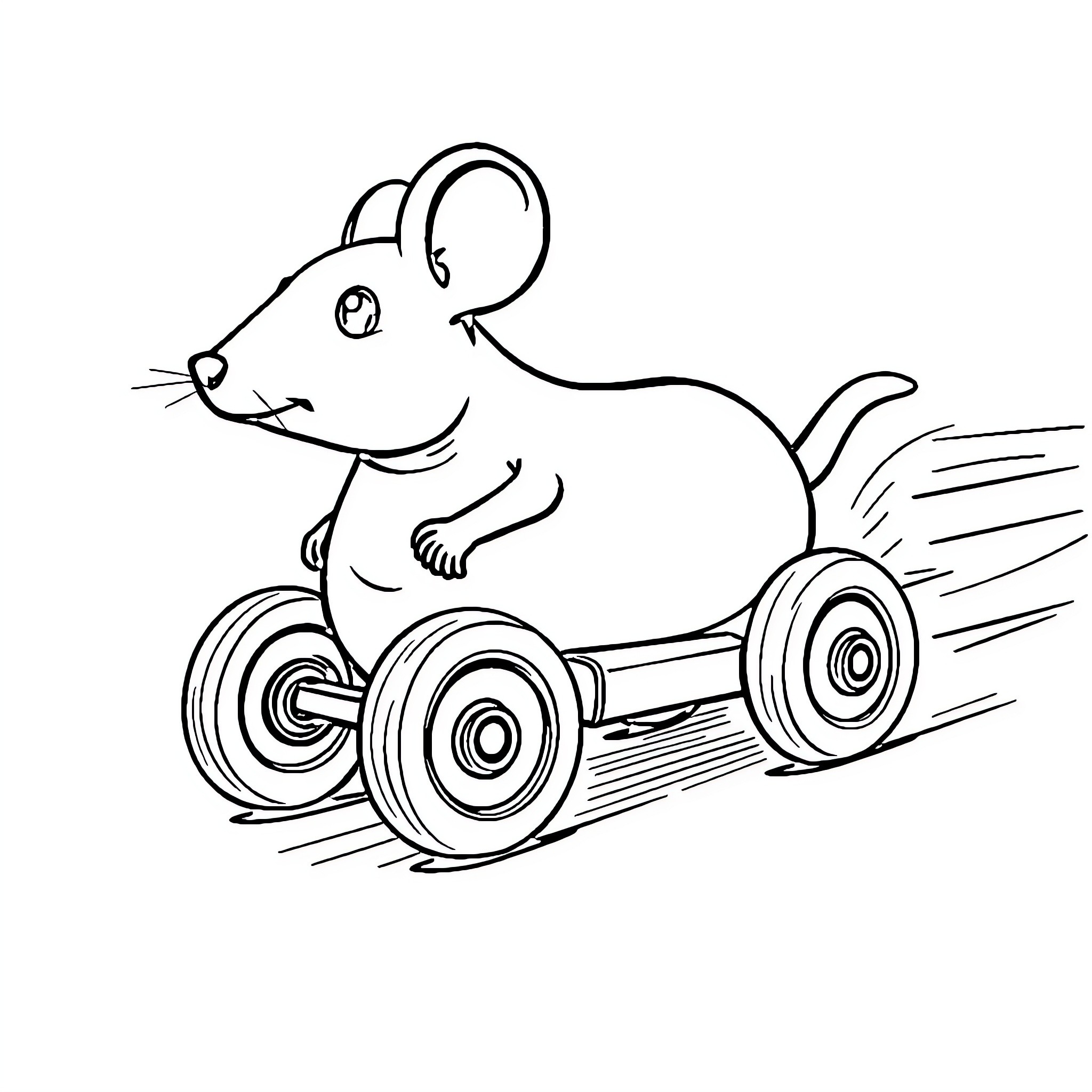 Mouse driving a toy car speedily Coloring Page (free black-and-white line drawing printable PDF for all, from beginners to advanced learners, including children, teens, adults, and seniors)