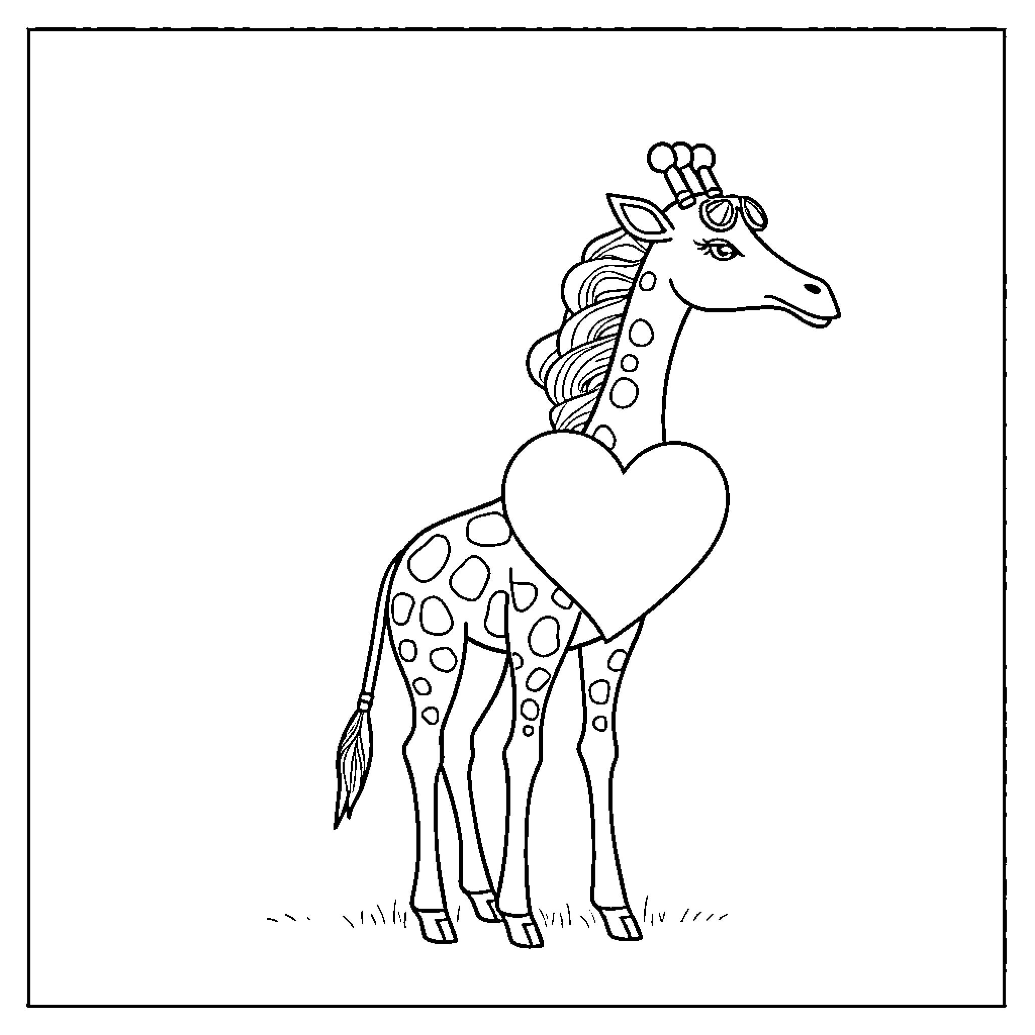 Giraffe with heart-shaped decoration Coloring Page (free black-and-white line drawing printable PDF for all, from beginners to advanced learners, including children, teens, adults, and seniors)