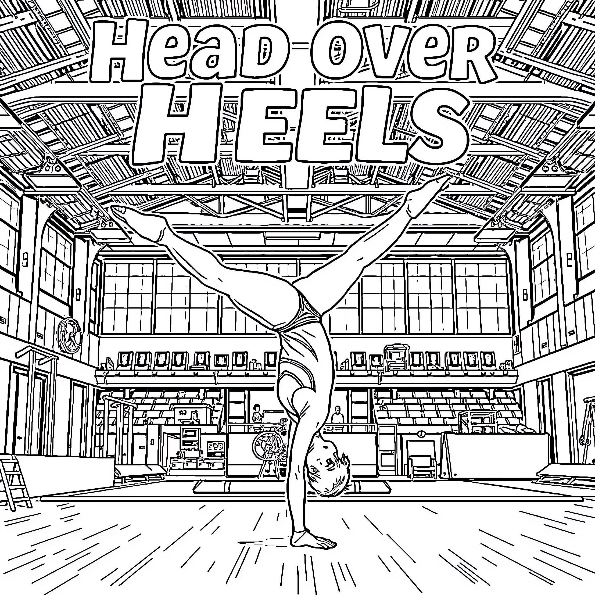 Gymnast performing acrobatic stunt in sports hall Coloring Page (free black-and-white line drawing printable PDF for all, from beginners to advanced learners, including children, teens, adults, and seniors)