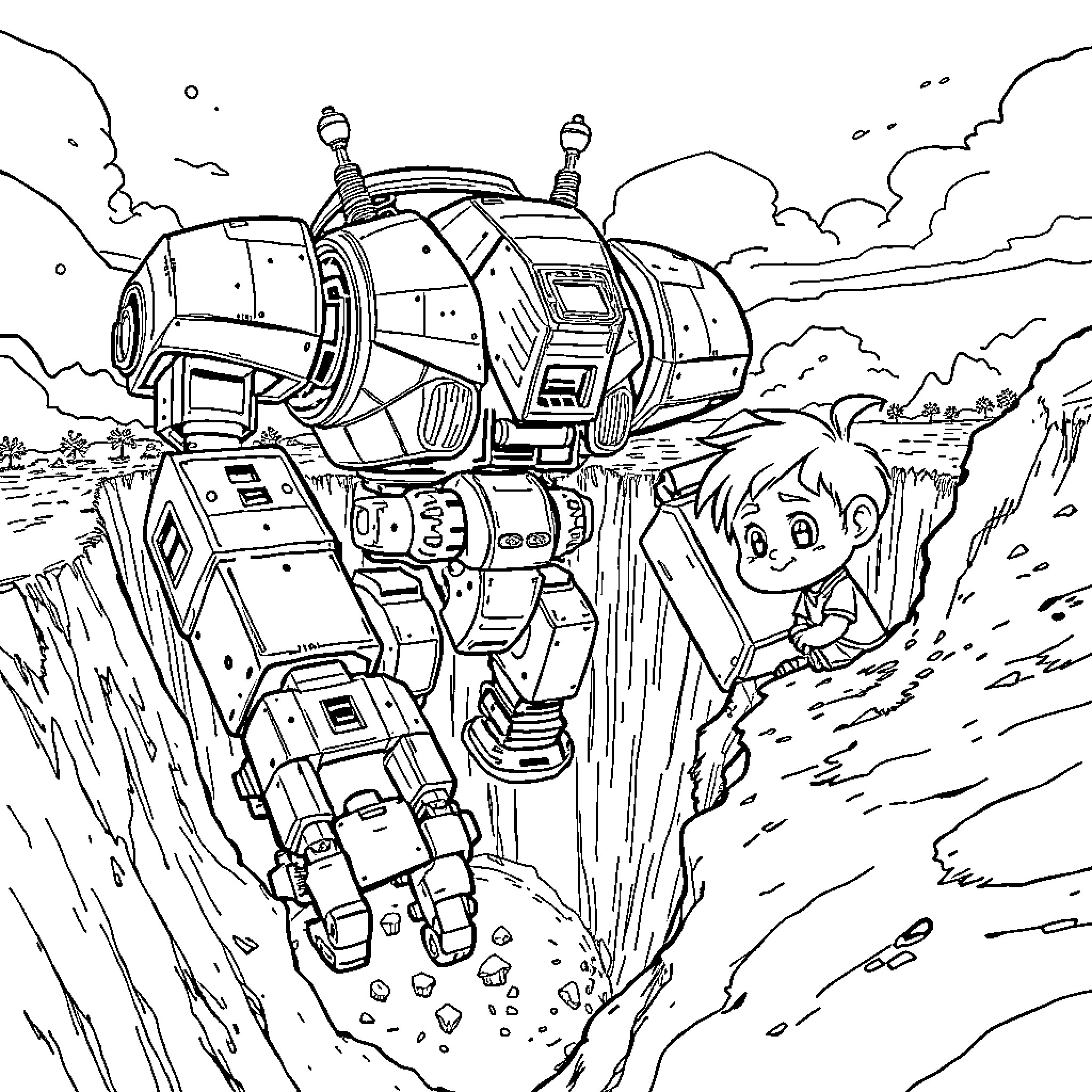 Robot Mech exploring a rugged terrain Coloring Page (free black-and-white line drawing printable PDF for all, from beginners to advanced learners, including children, teens, adults, and seniors)