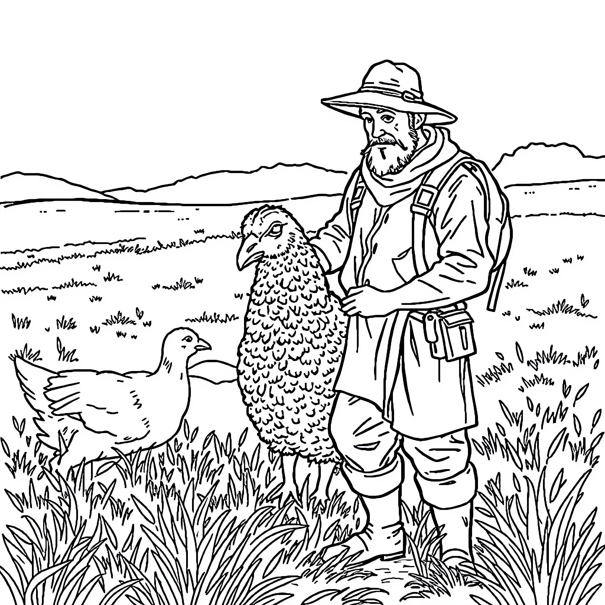 Man interacting with farm animals in rural landscape Coloring Page (free black-and-white line drawing printable PDF for all, from beginners to advanced learners, including children, teens, adults, and seniors)