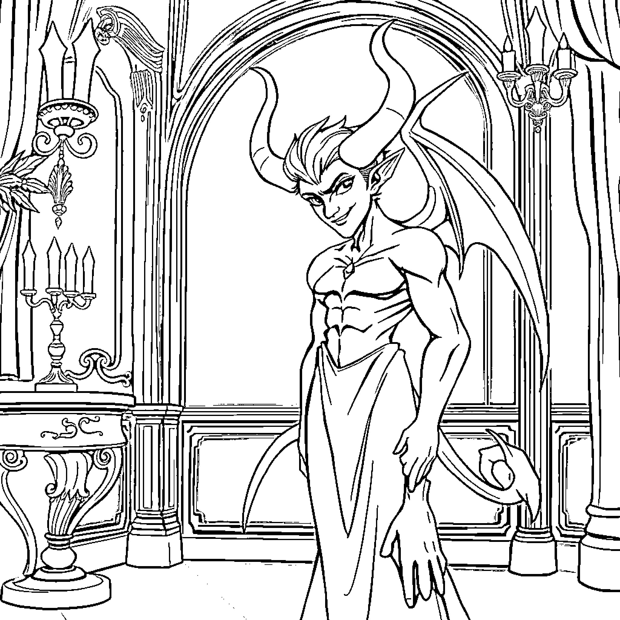 Lucifer's Regal Presence in the Ethereal Realm Coloring Page (free black-and-white line drawing printable PDF for all, from beginners to advanced learners, including children, teens, adults, and seniors)