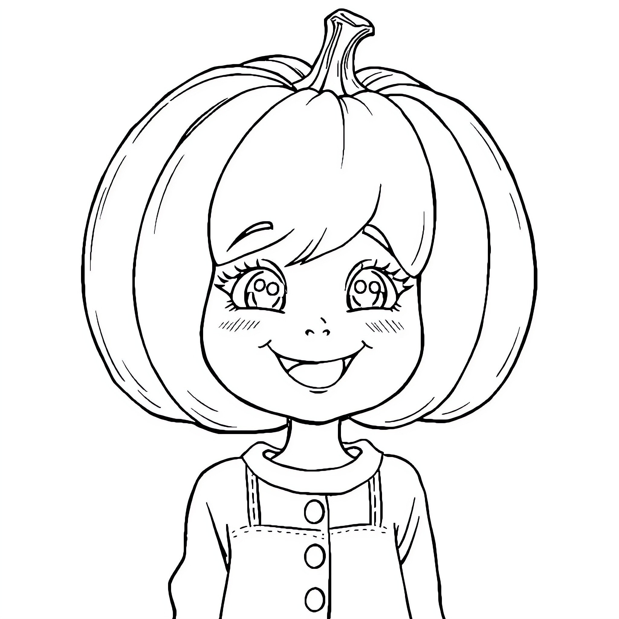 Girl with pumpkin head smiling happily Coloring Page (free black-and-white line drawing printable PDF for all, from beginners to advanced learners, including children, teens, adults, and seniors)