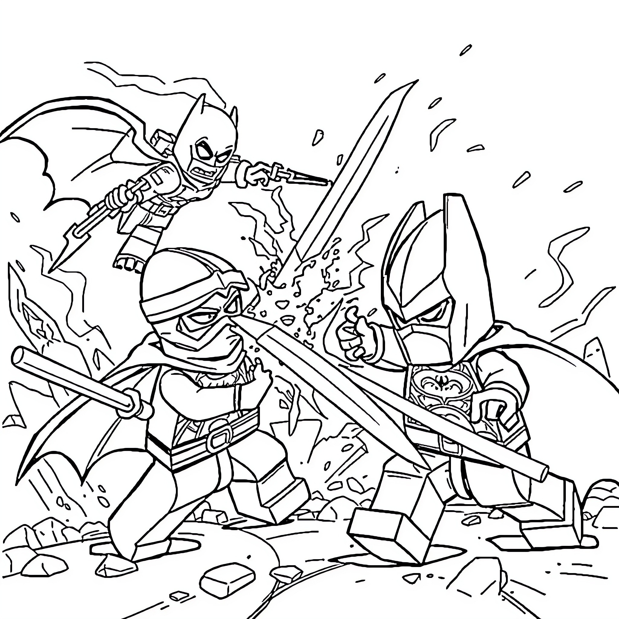 Ninjago warriors engaged in intense combat Coloring Page (free black-and-white line drawing printable PDF for all, from beginners to advanced learners, including children, teens, adults, and seniors)