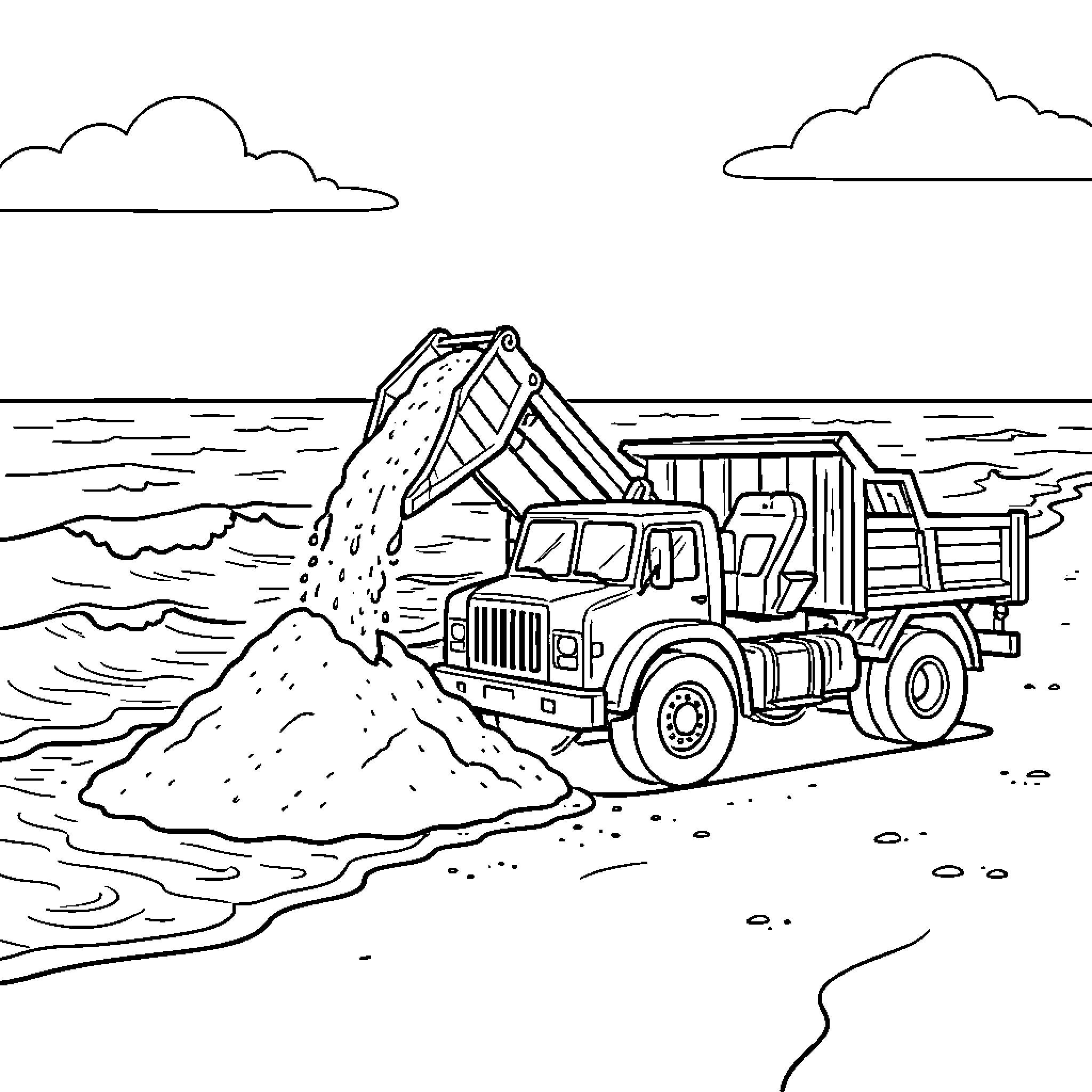 Truck Loader dumping sand on a beach Coloring Page (free black-and-white line drawing printable PDF for all, from beginners to advanced learners, including children, teens, adults, and seniors)